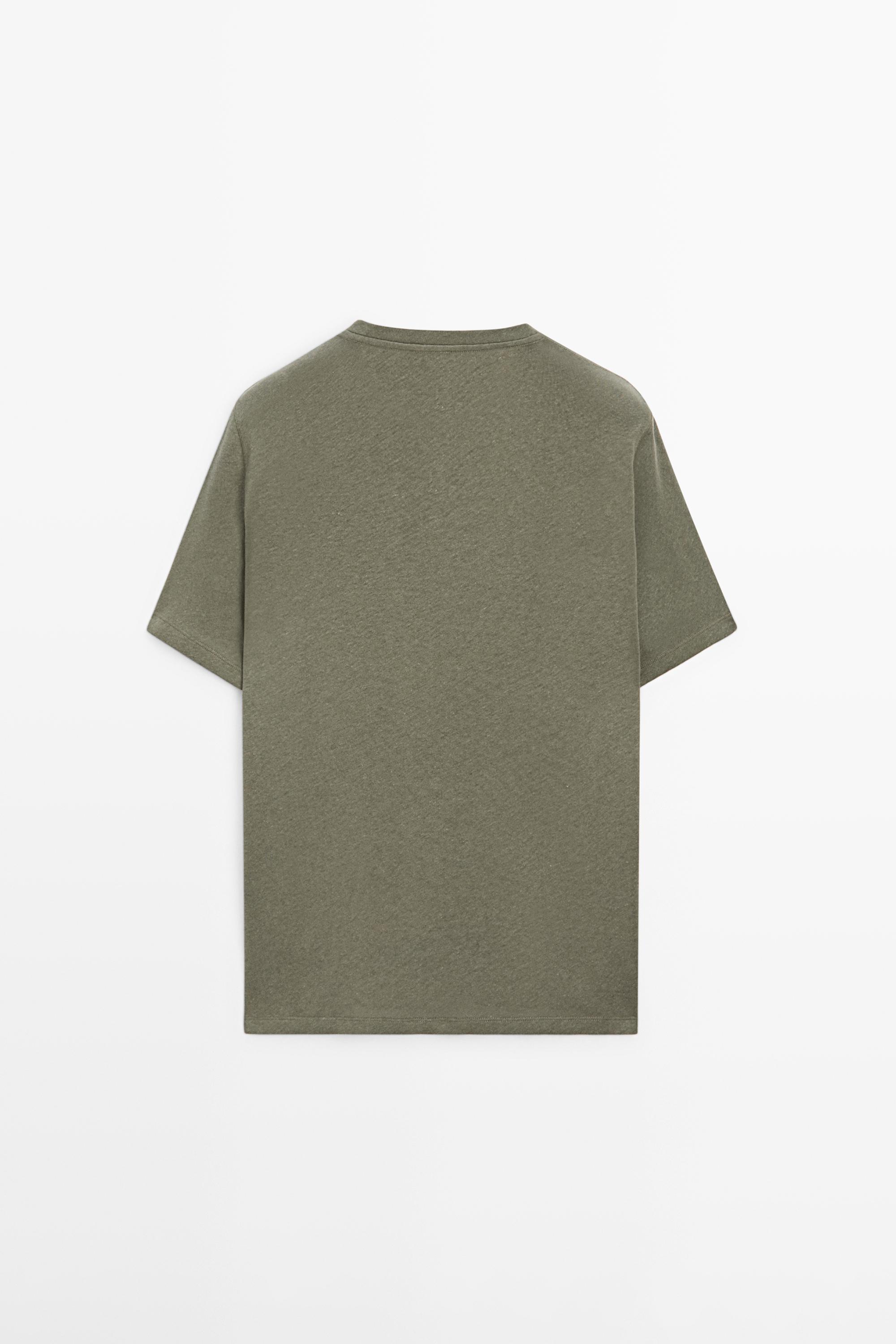 Short sleeve linen and cotton T-shirt — PALE KHAKI