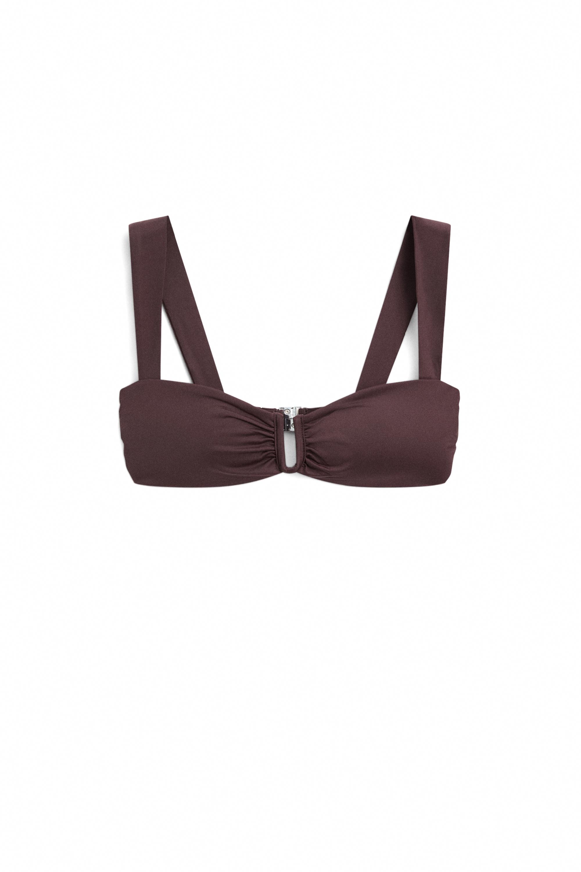 Strappy bikini top with gathered detail — BROWN