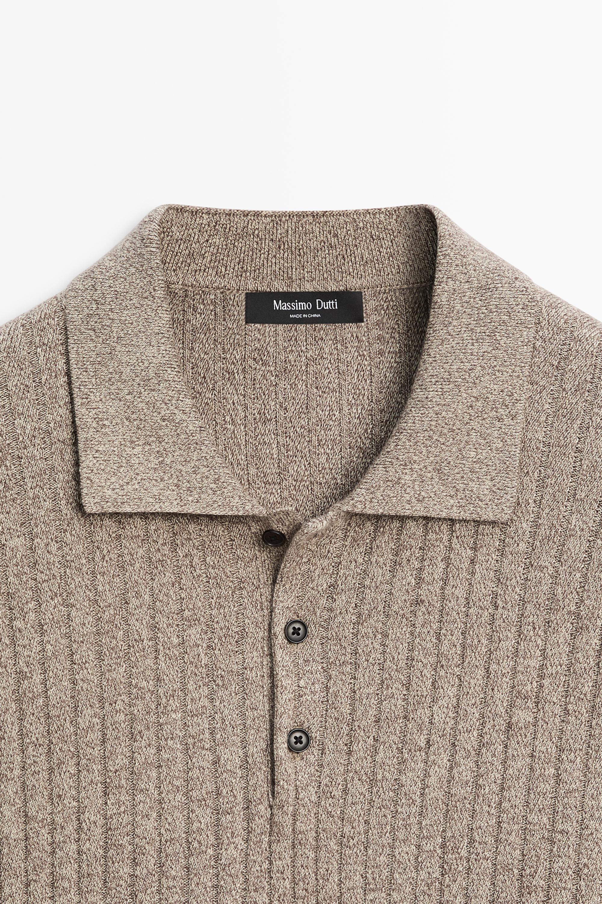 Pulover din tricot de bumbac 100% cu guler polo · Cafeniu