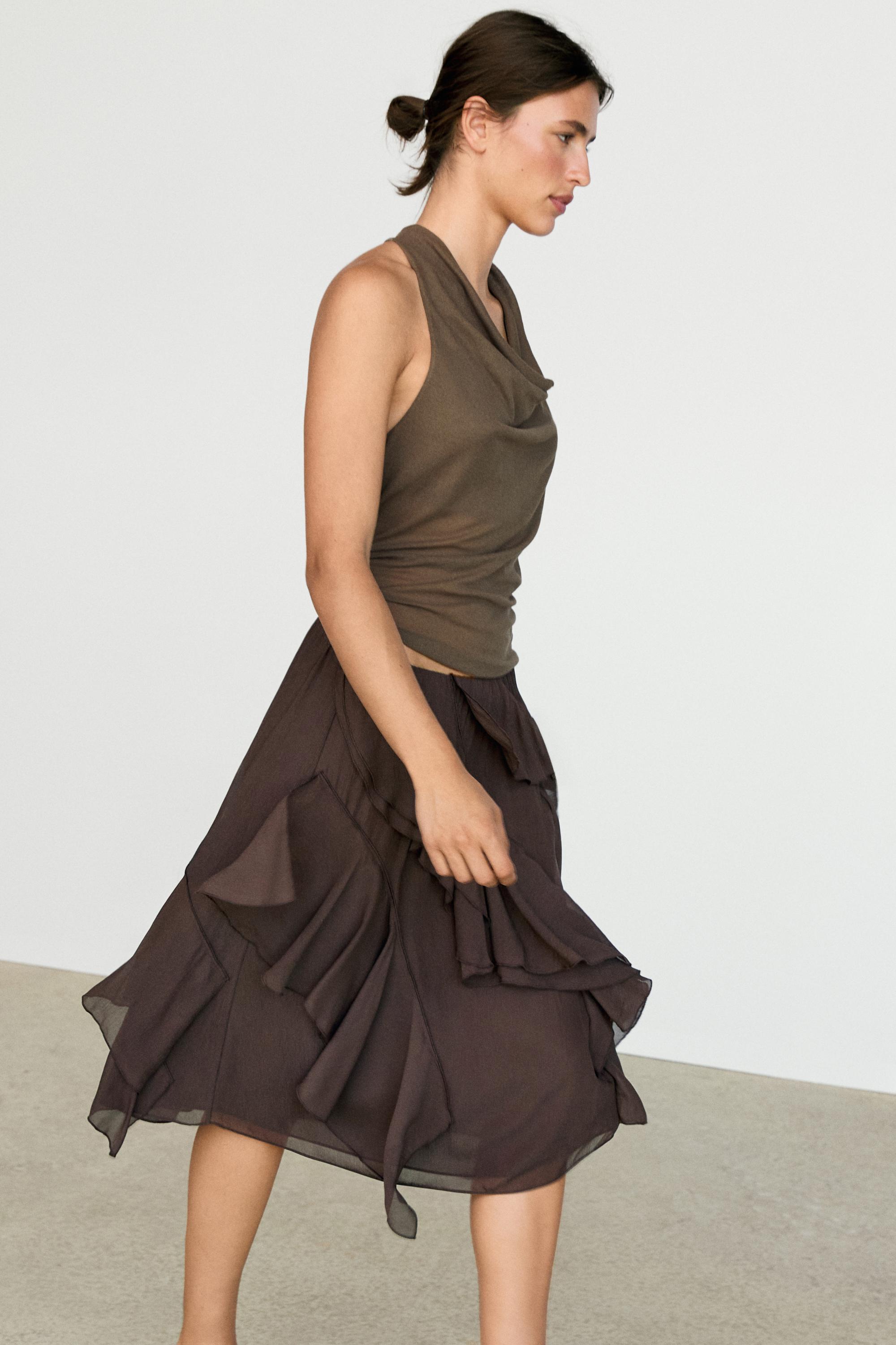 Flowing ruffled midi skirt — Chocolate
