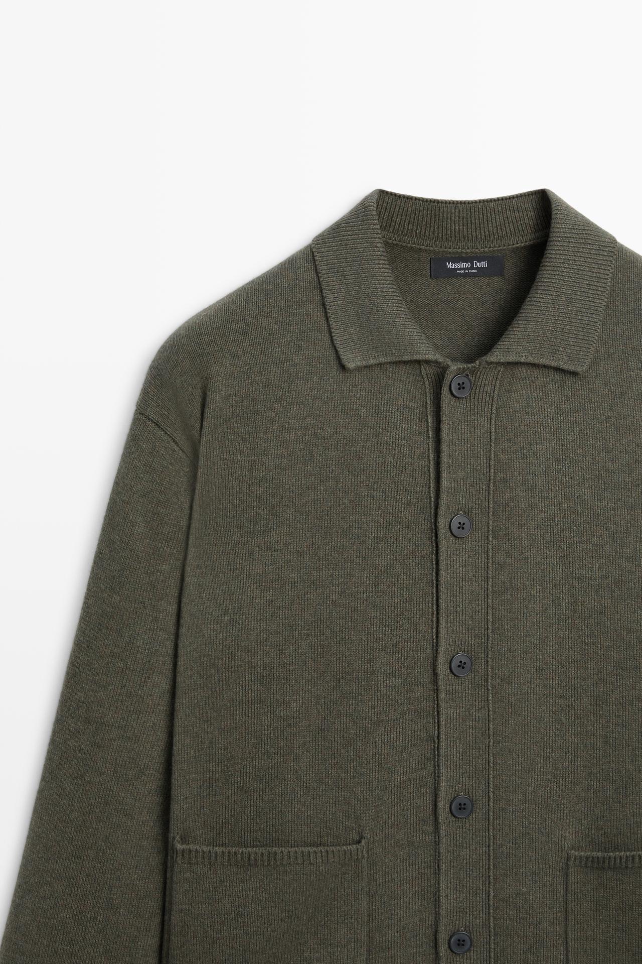 Wool blend polo collar cardigan — KHAKI