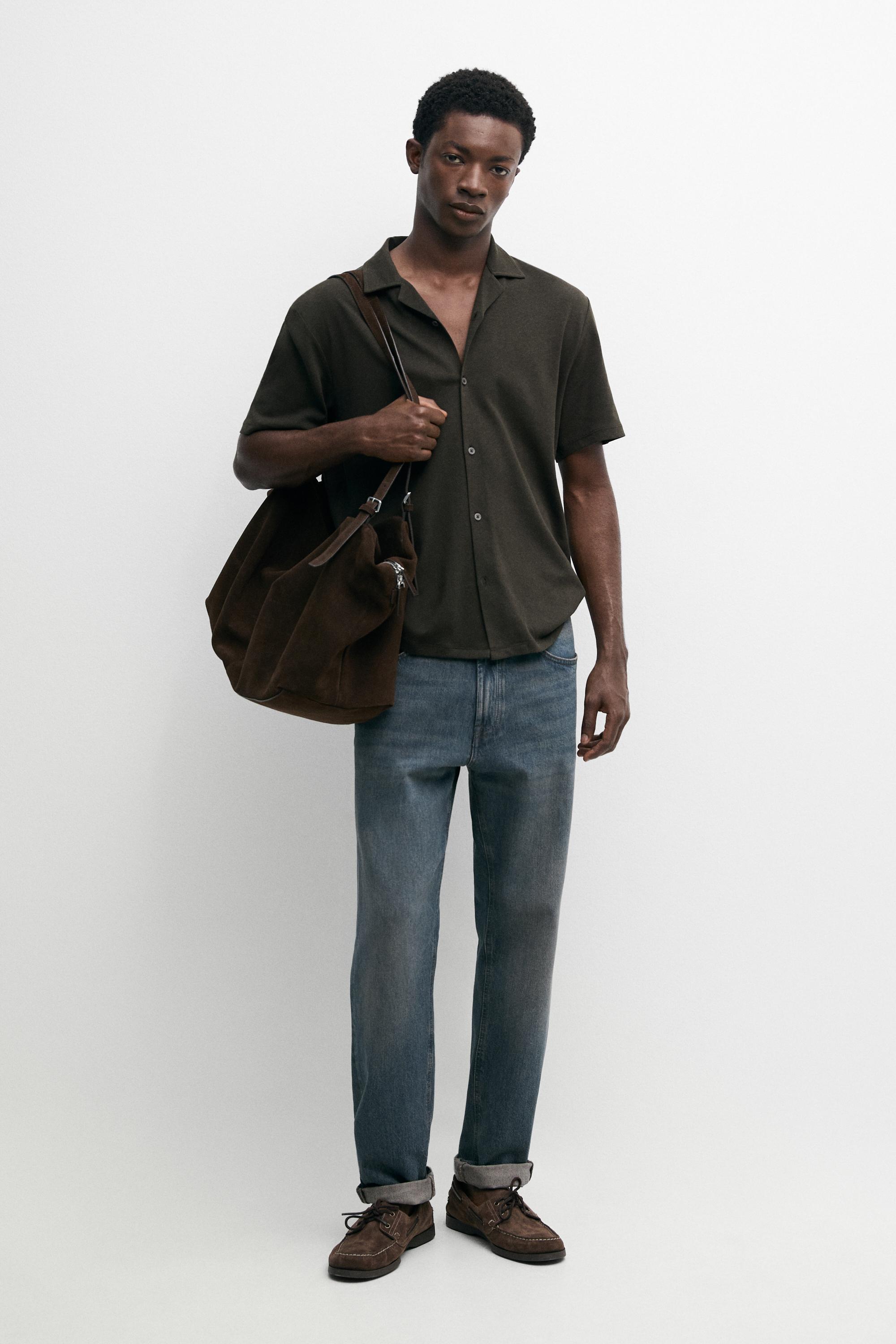 Regular fit short sleeve linen-cotton blend shirt — KHAKI