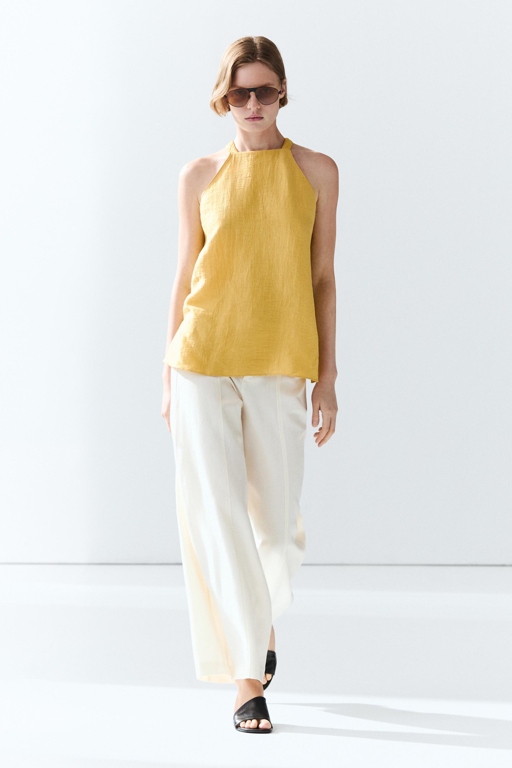 Top Halter In Misto Lino - Giallo Fluorescente - S - Massimo Dutti - Female-image