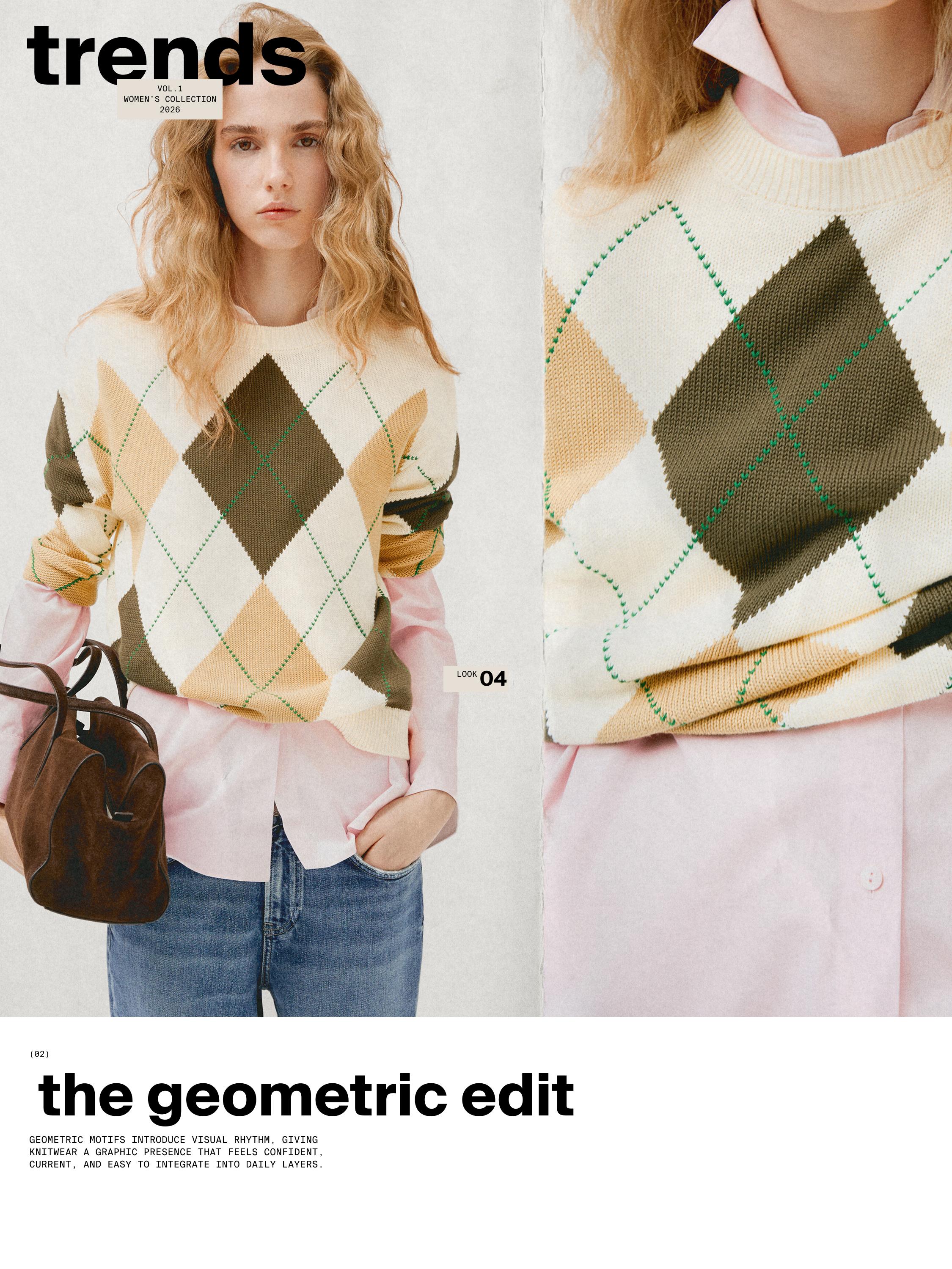 베이지색, 갈색, 녹색 마름모 스웨터 세트와 핑크색 셔츠, 파란색 청바지. 보이는 텍스트: "trends".