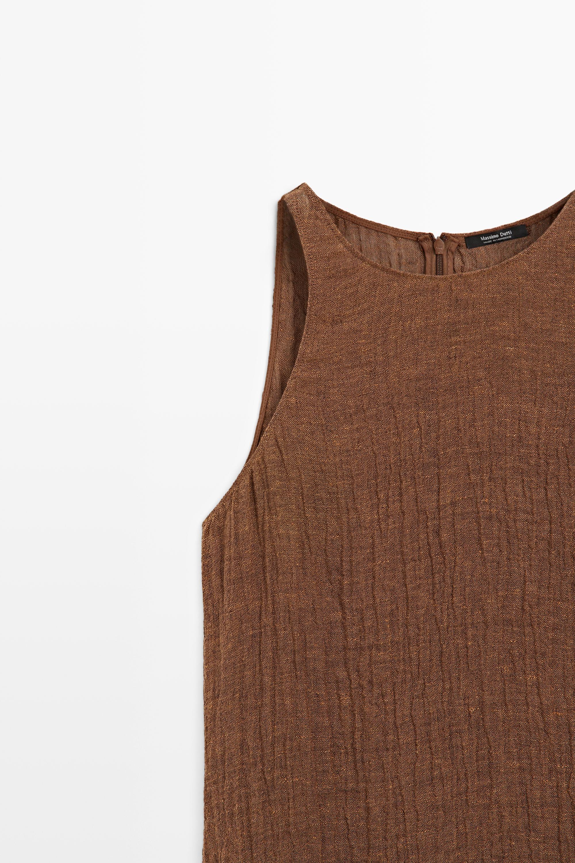 Combined linen blend midi dress — BROWN