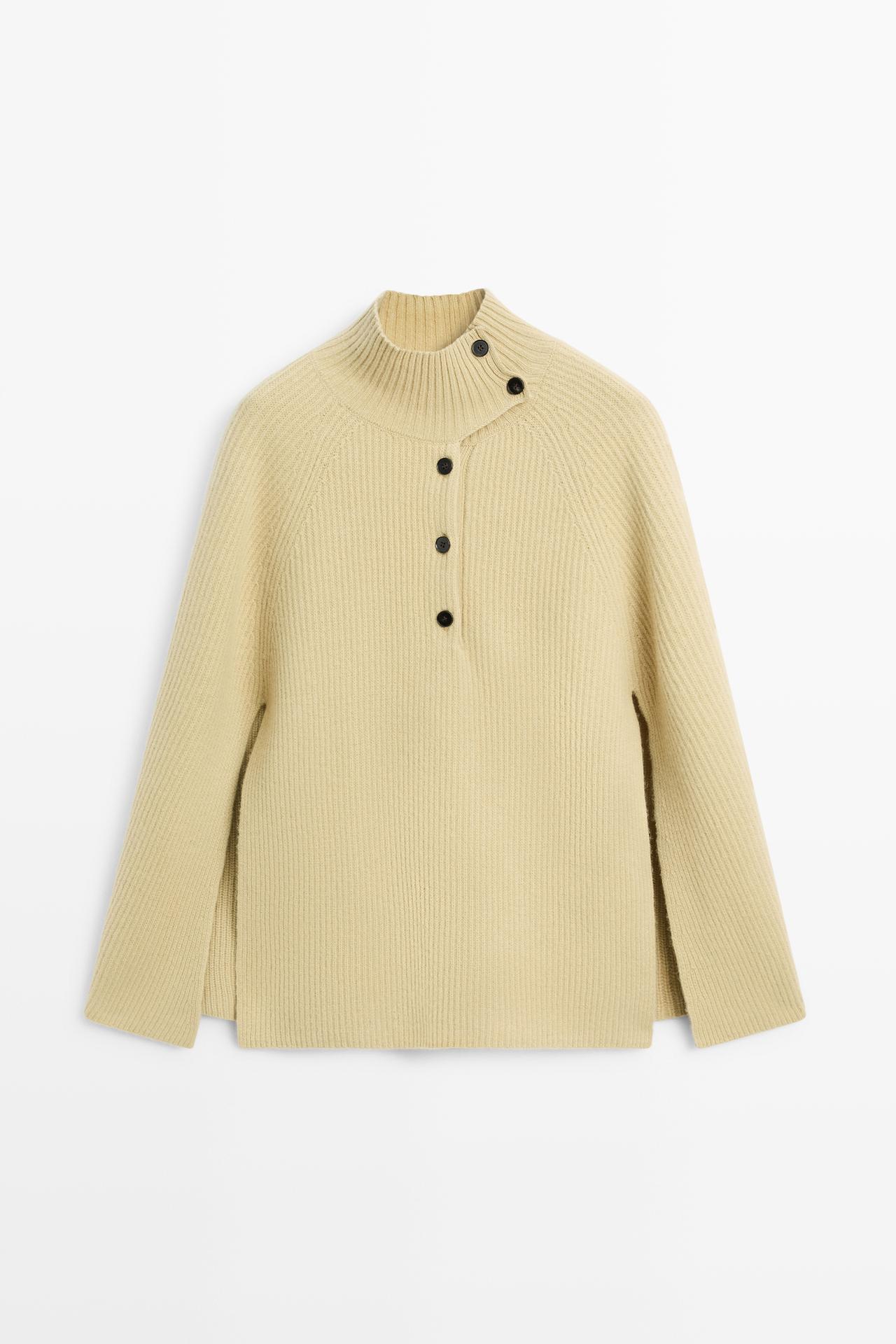 100% wool knit cape with button detail — OLIVE