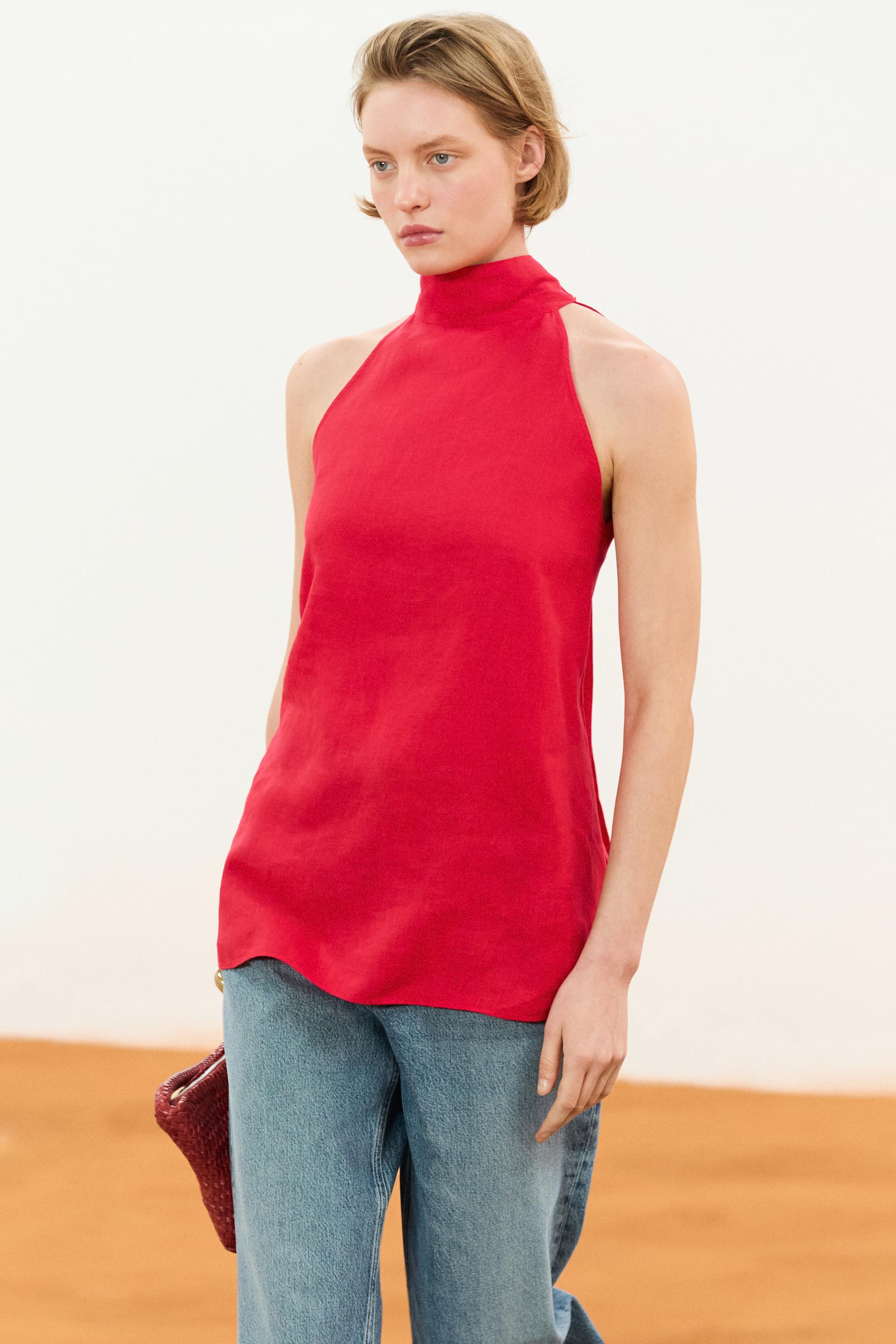 100% linen flowing halter top — RED