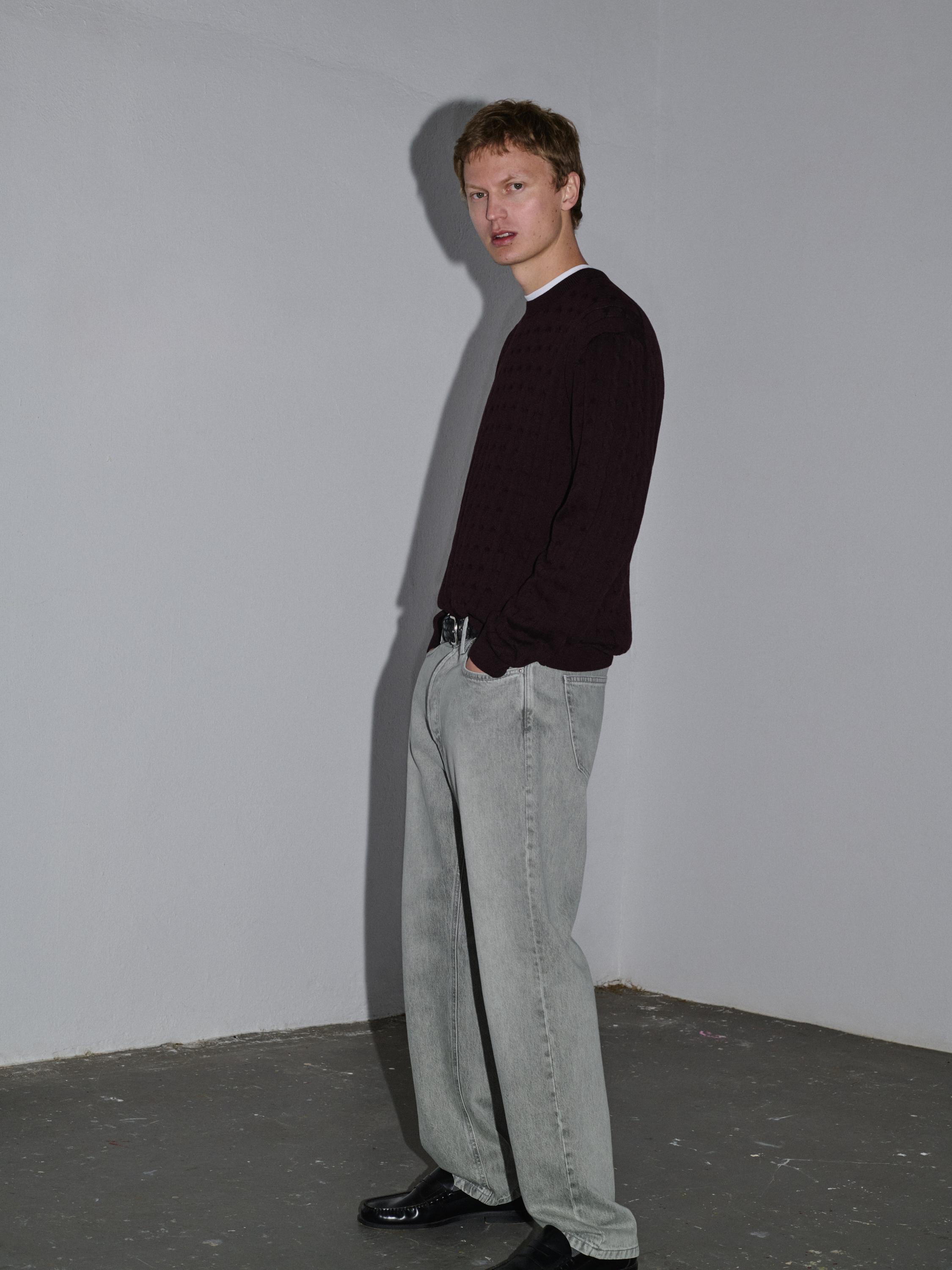 100% cotton cable-knit sweater — BURGUNDY