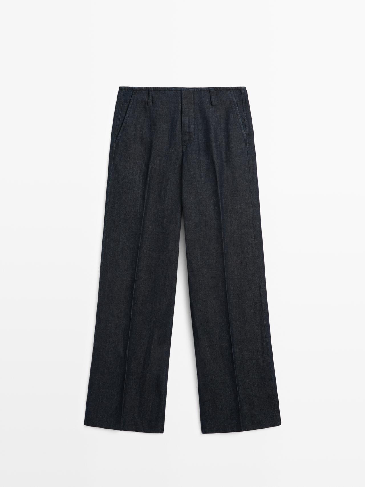 Massimo Dutti - Dames - Wide Leg Broek Met Linnen - Donkerblauw - 42