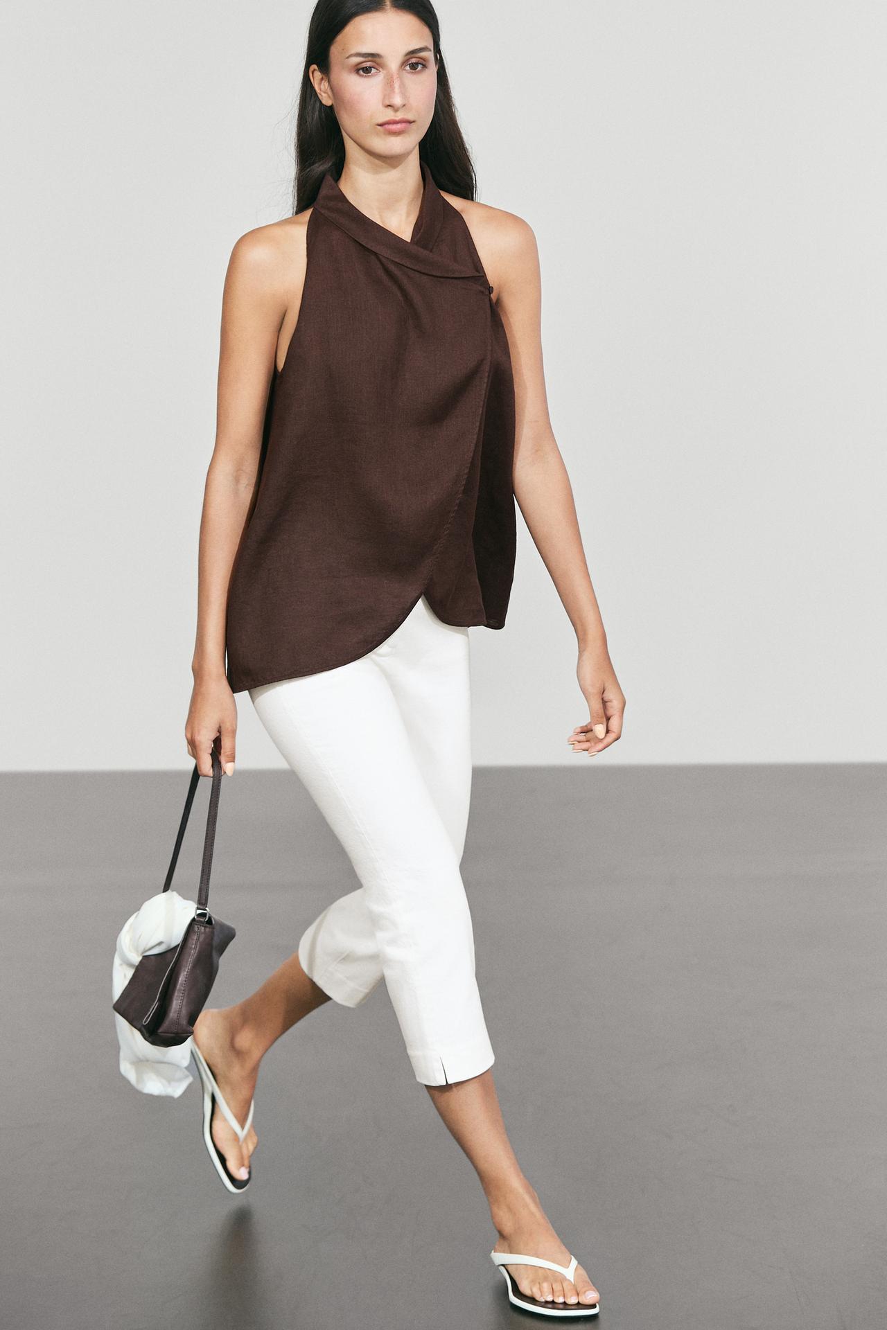100% linen flowing halter top — BROWN