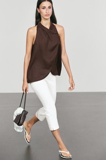 100% linen flowing halter top — BROWN 5
