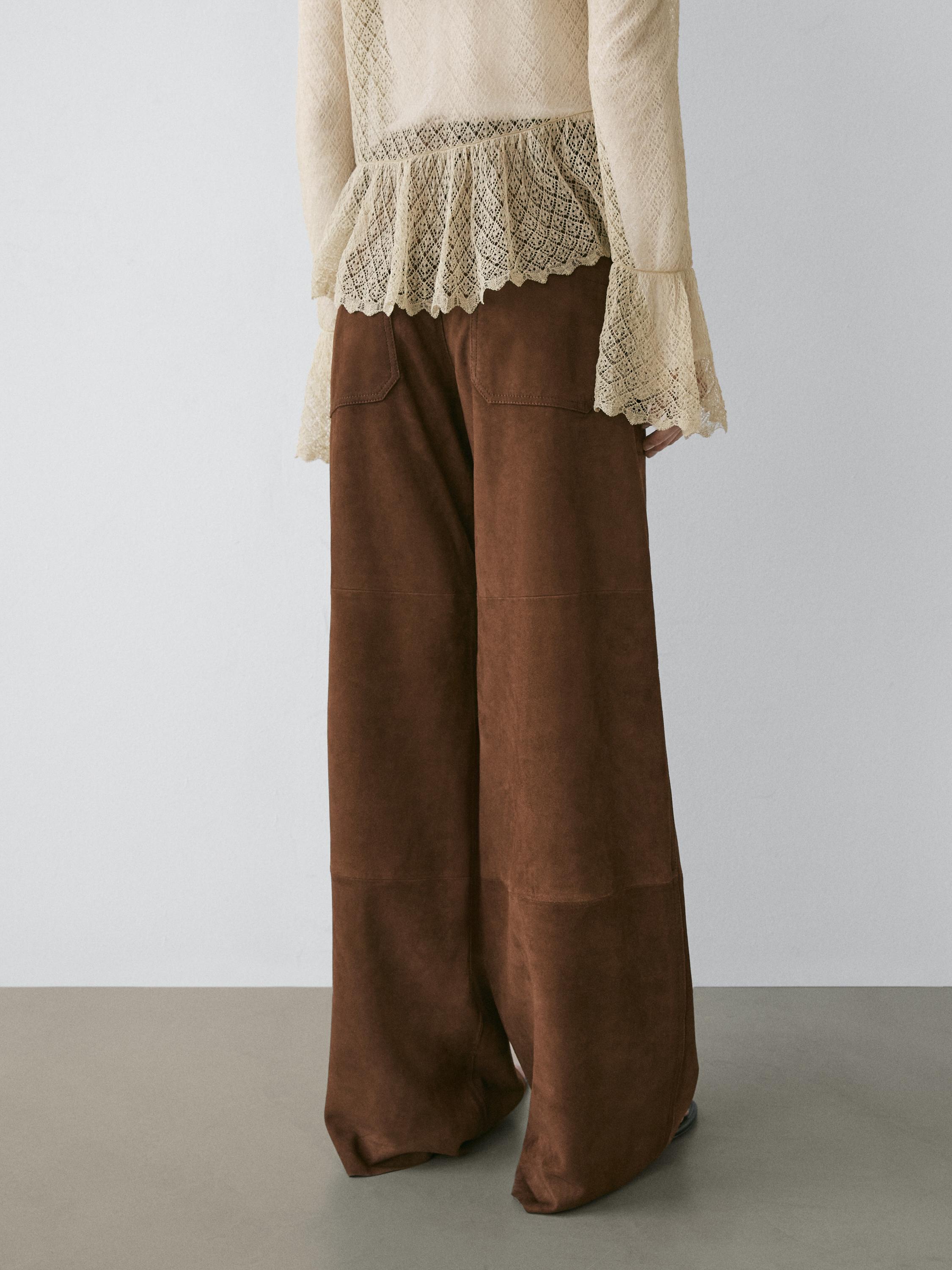 Suede leather wide-leg trousers with pockets — BROWN