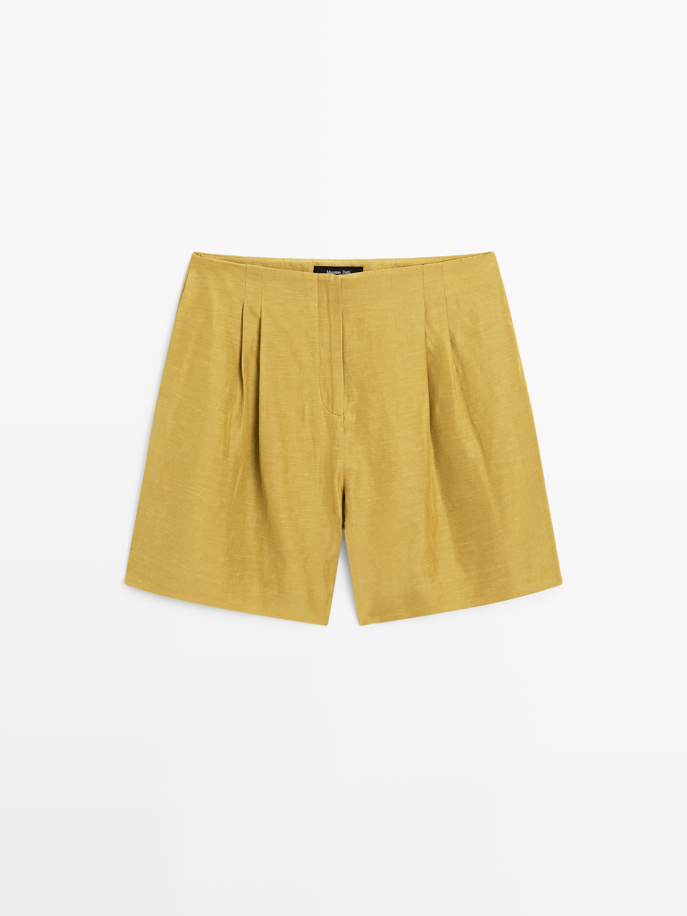 Short pleated linen blend Bermuda shorts
