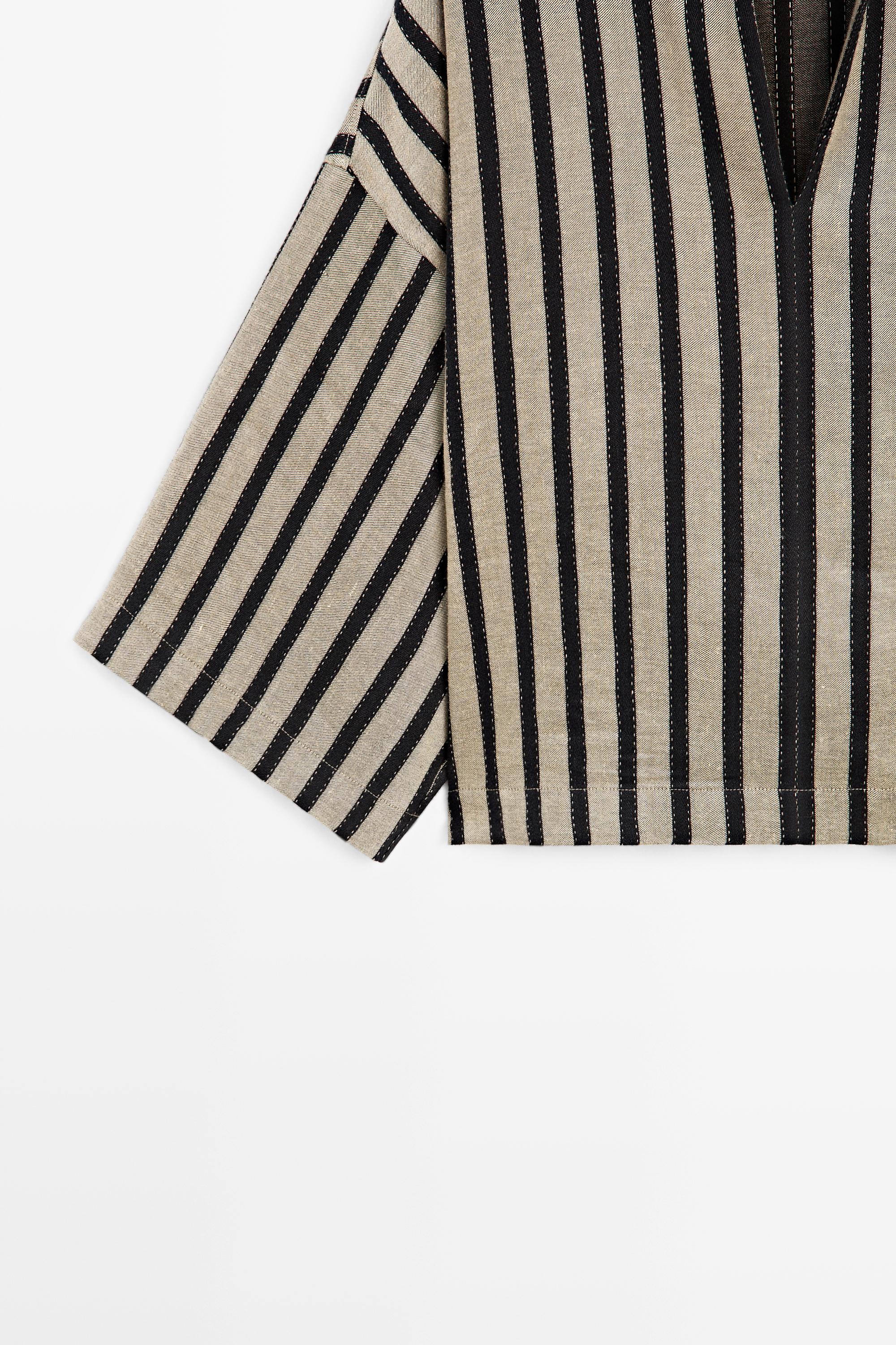 Oversize striped linen blend blouse — SAND