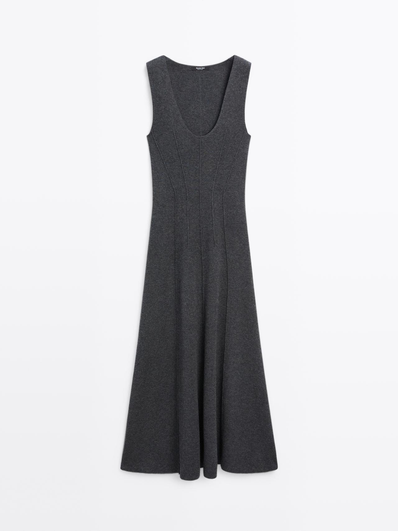 Massimo Dutti - Dames - Lange Klokkende Tricot Jurk - Antracietgrijs - M