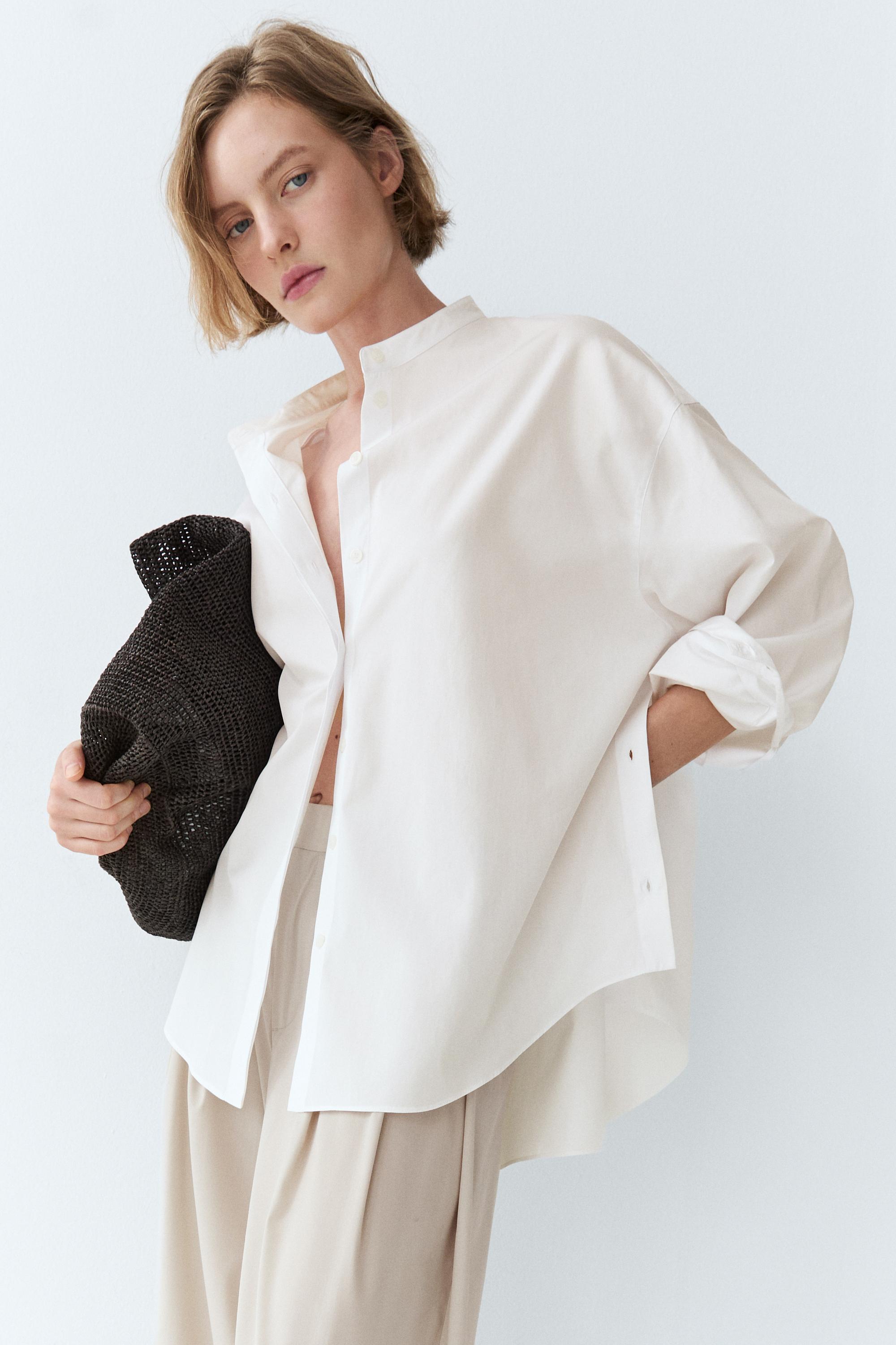 Poplin shirt with stand collar — WHITE