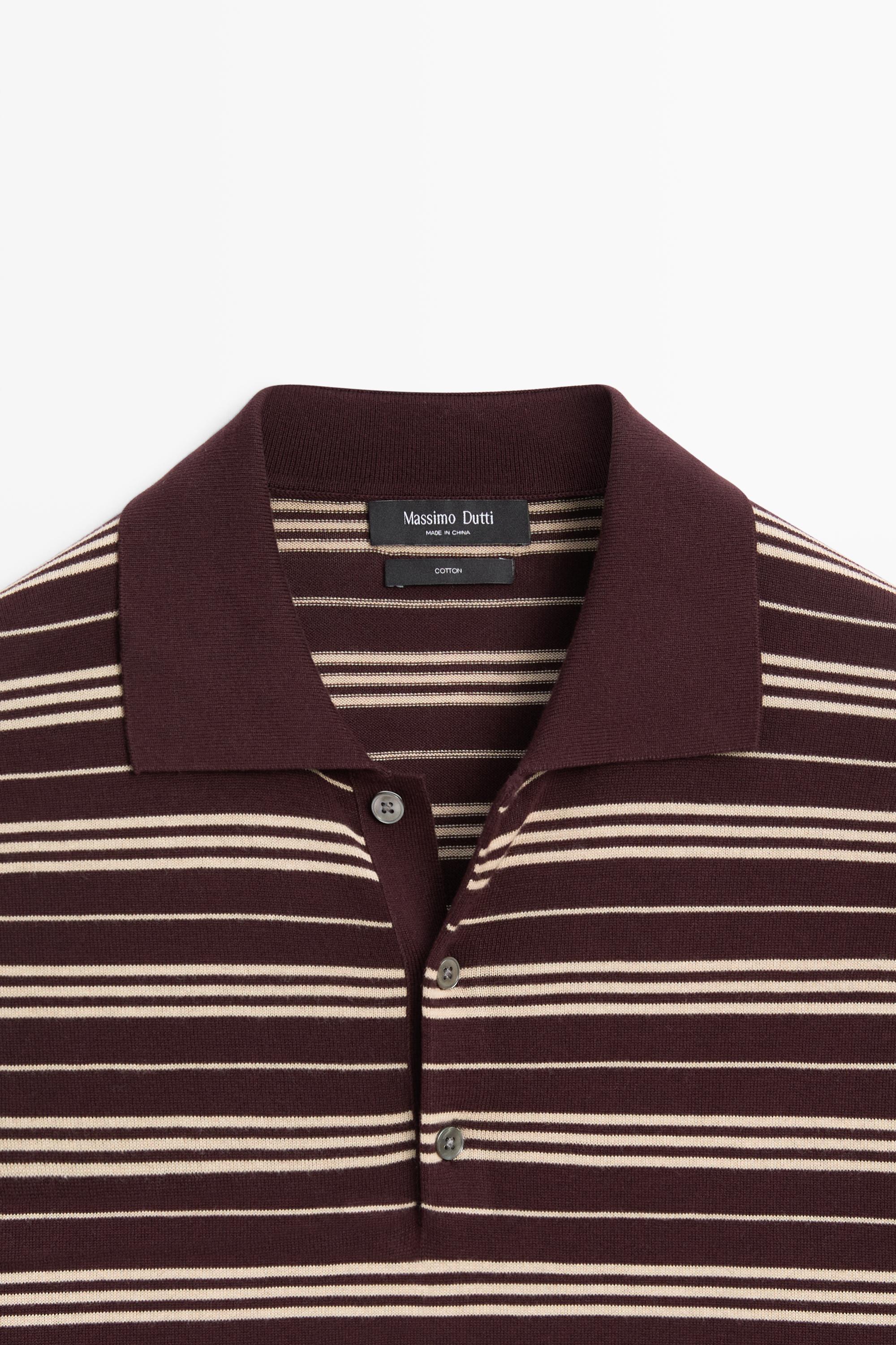 100% Cotton Striped Knit Polo Sweater — BURGUNDY