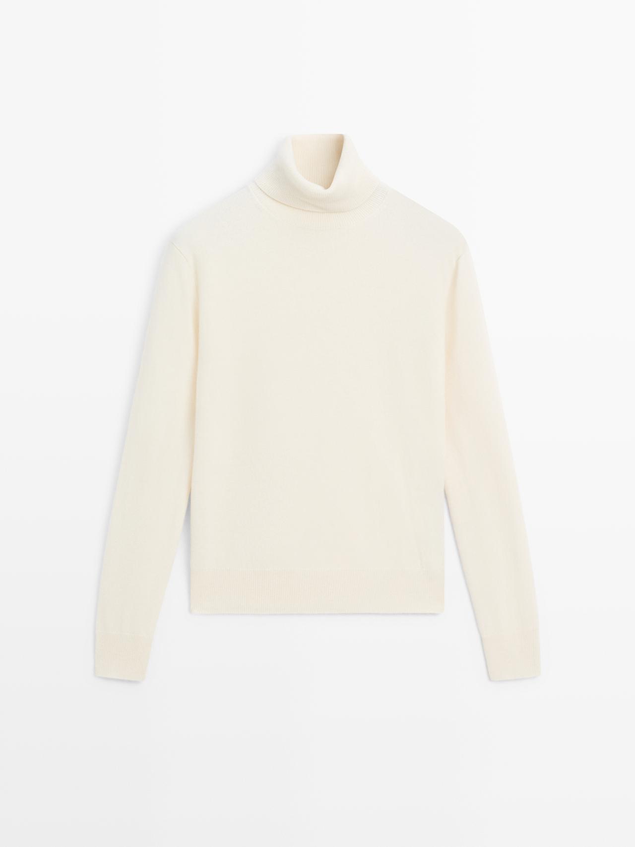 Massimo Dutti - Dame - Strikket Trøje I Uldblanding Med Høj Hals - Råhvid - M