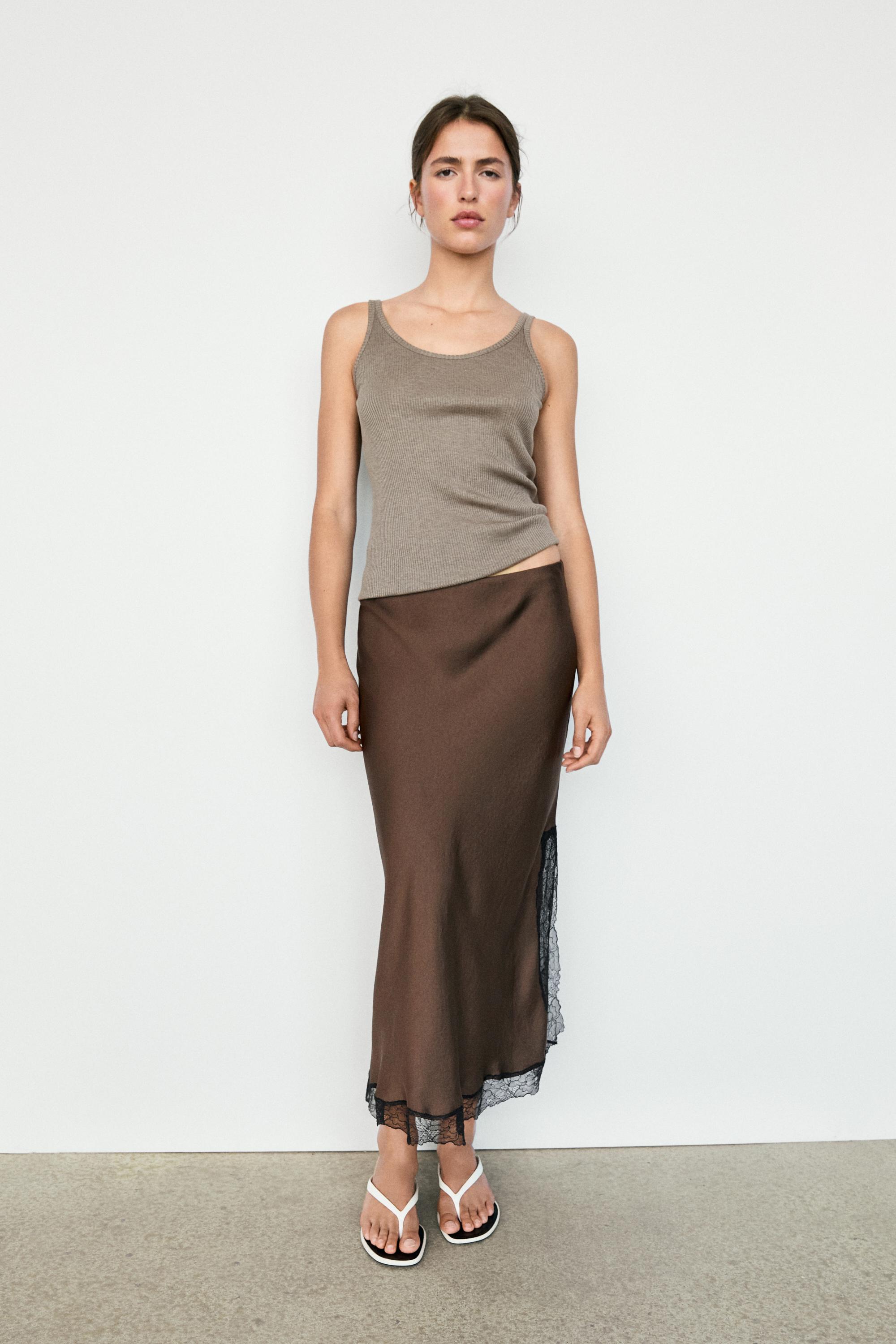 Lace-trimmed midi skirt — BROWN MARL