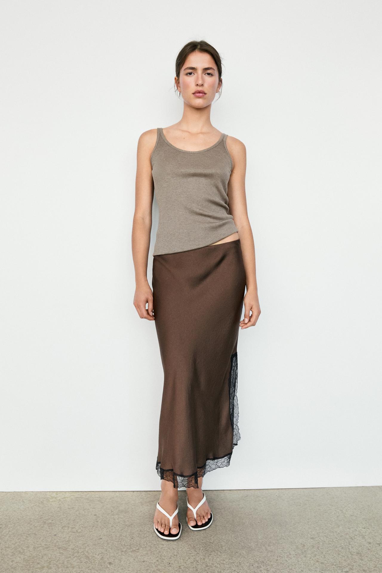 Lace-trimmed midi skirt — BROWN MARL