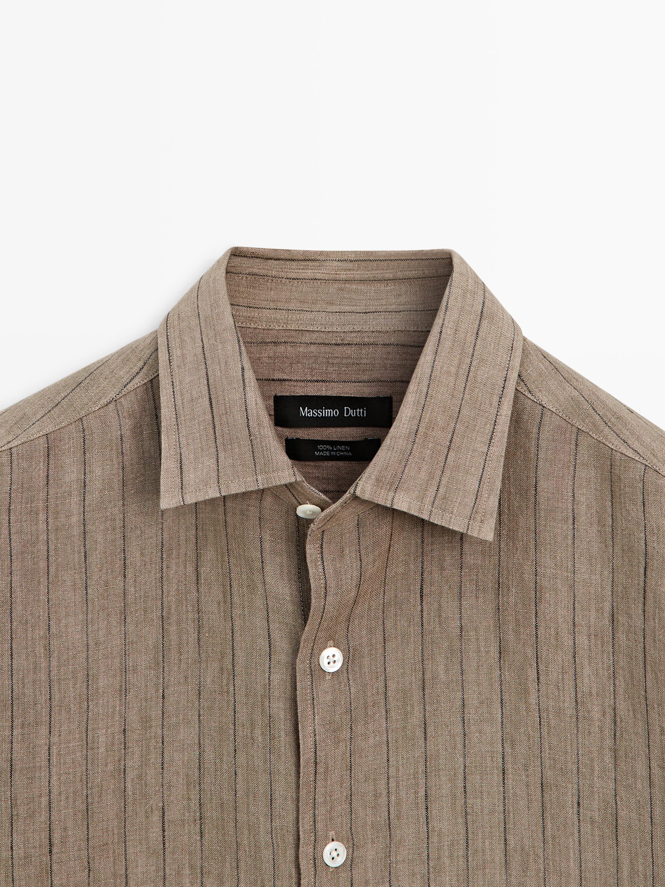 Regular fit 100% linen striped shirt — BEIGE