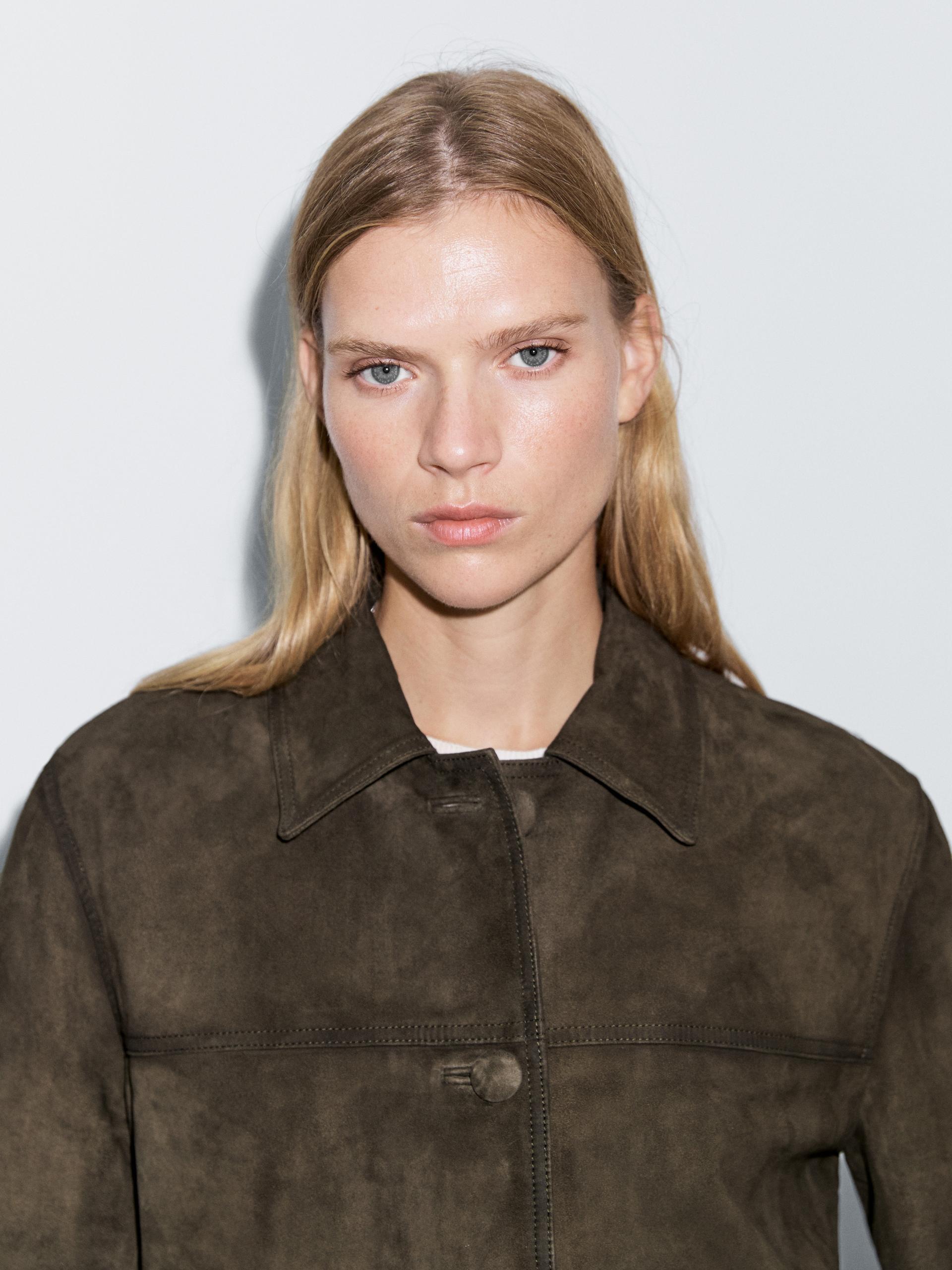 Chaqueta Piel Ante Botones Forrados - Verde - S - Massimo Dutti - Mujer