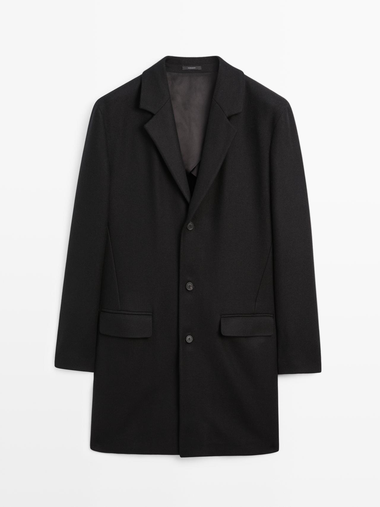 Massimo Dutti - Herre - Lang Frakke I Uldblanding Med Reverskrave - Sort - 52