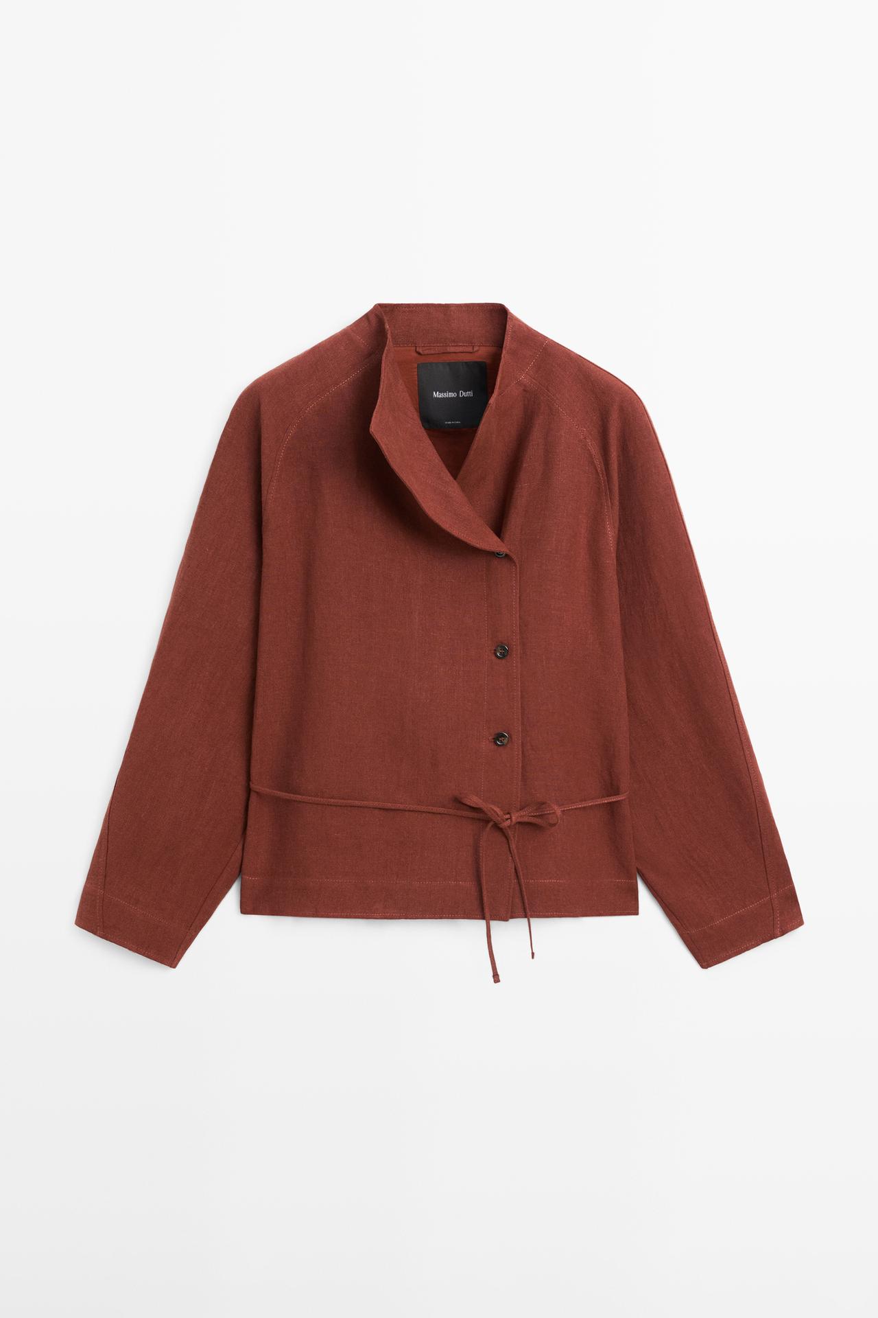 Massimo Dutti - Dame - Kimono Med Knapper Og Bindebånd I 100 % Hør - Tegl - M
