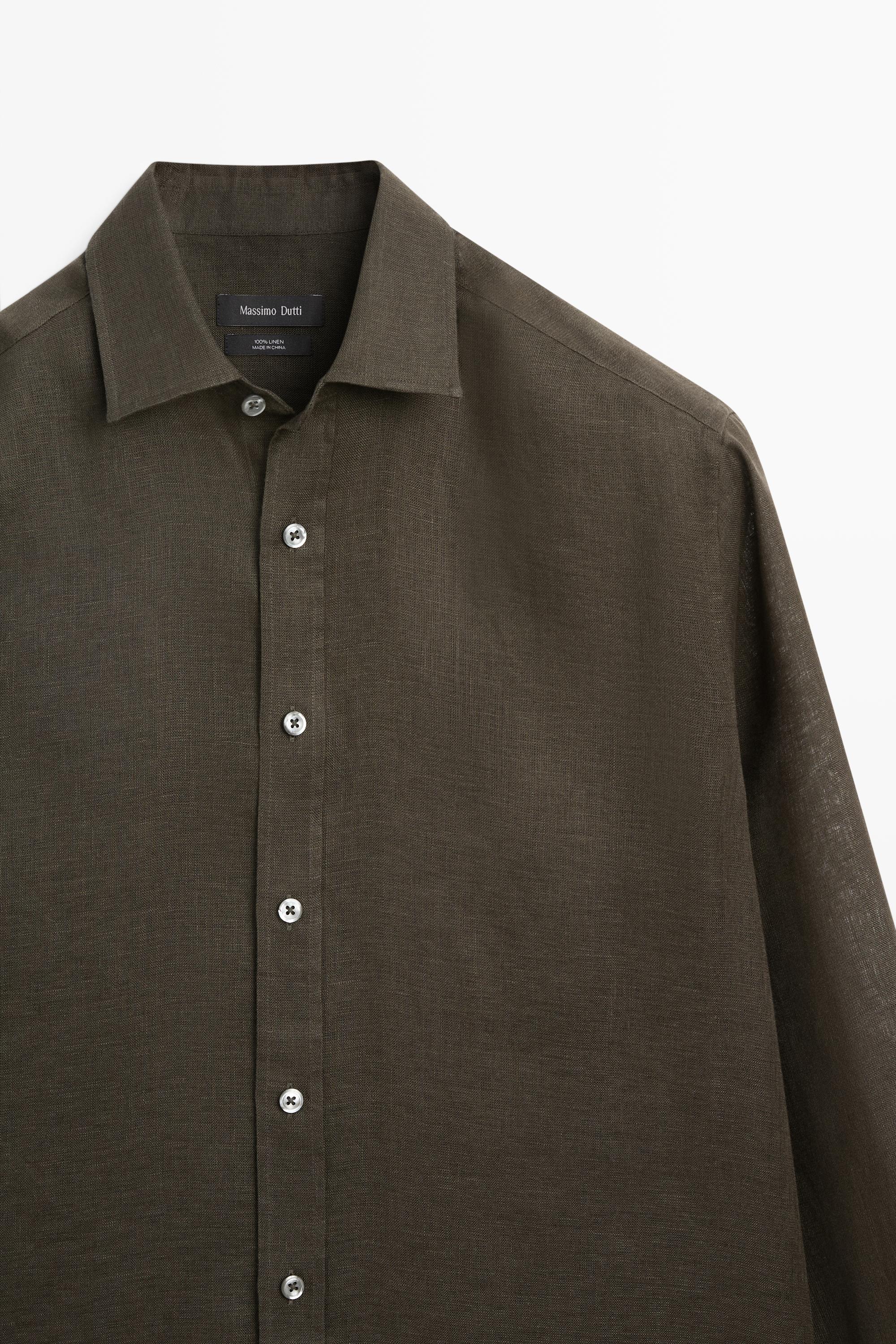 Regular fit 100% linen shirt — DARK GREEN