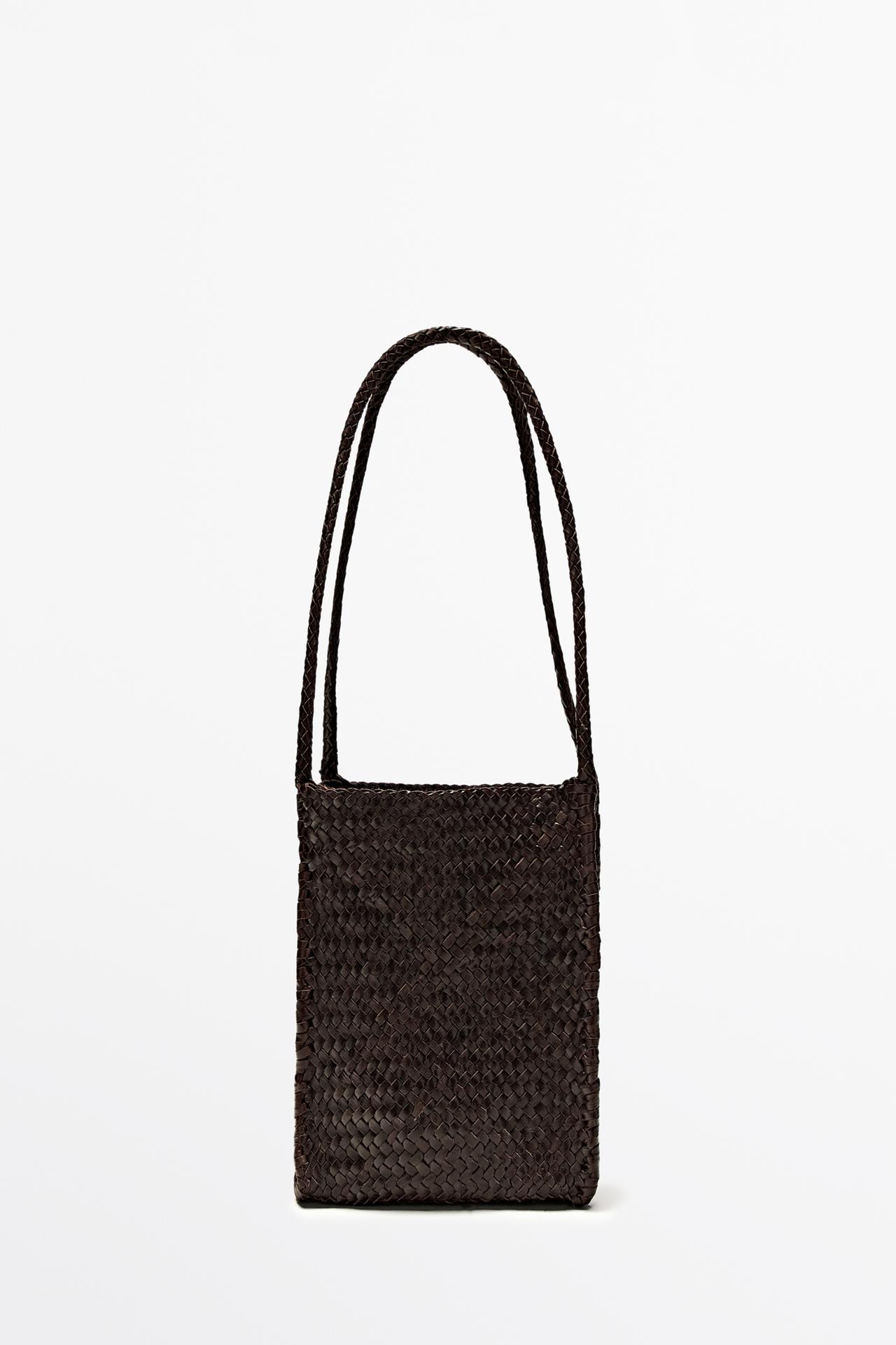 Nappa leather woven bucket bag — BROWN