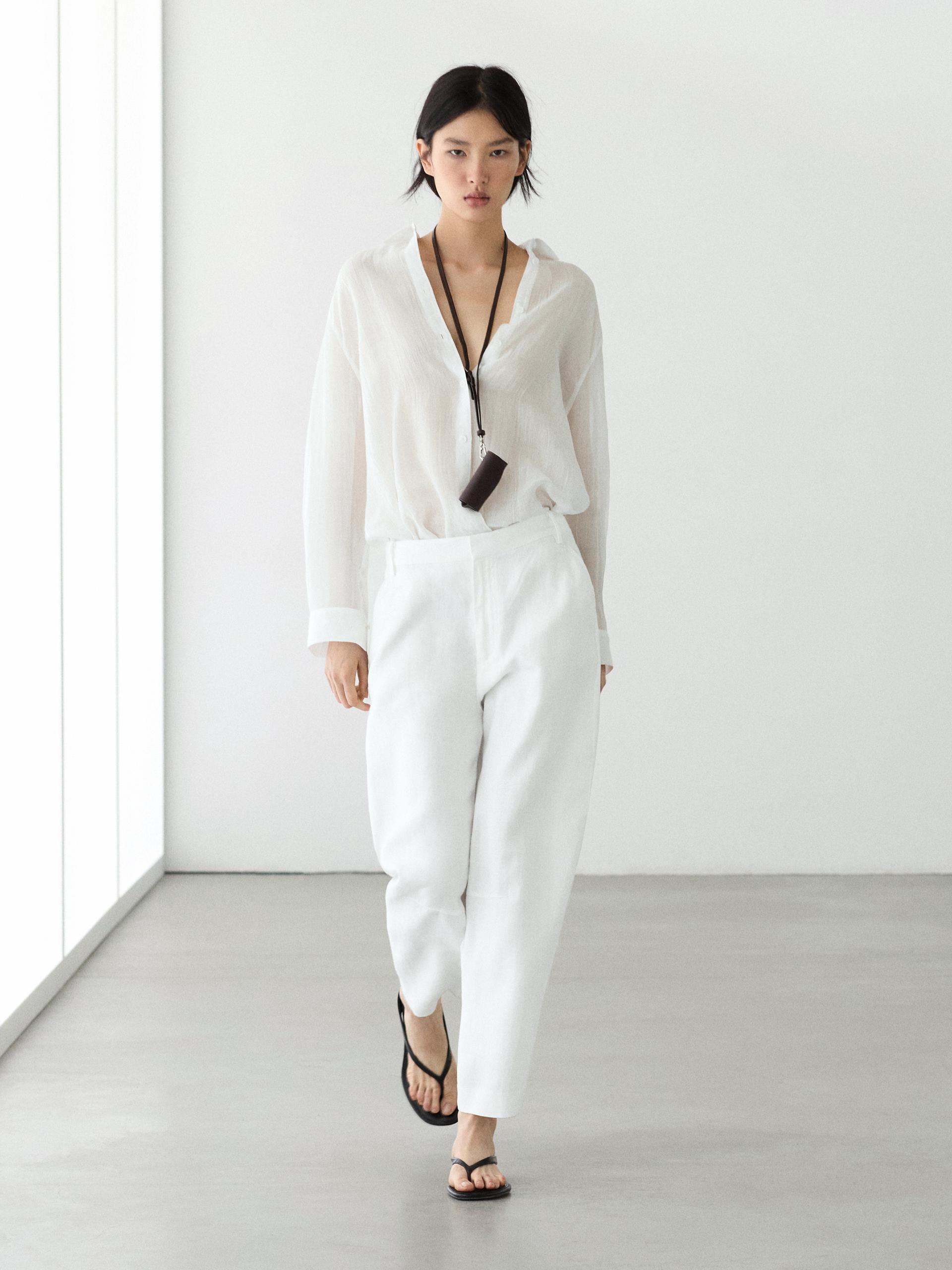 Pantalón Fluido 100% Lino - Blanco - 36 - Massimo Dutti - Mujer