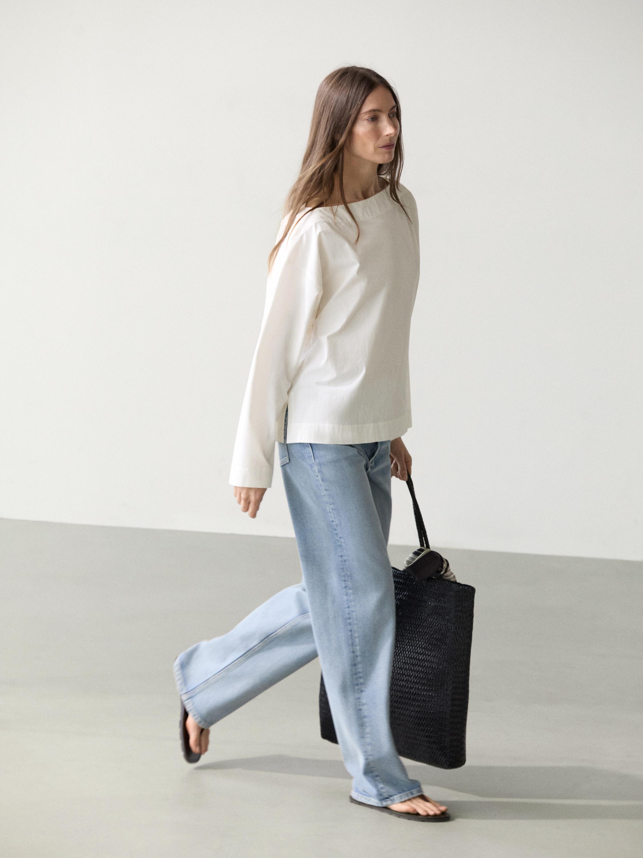 Poplin boat neck blouse — WHITE