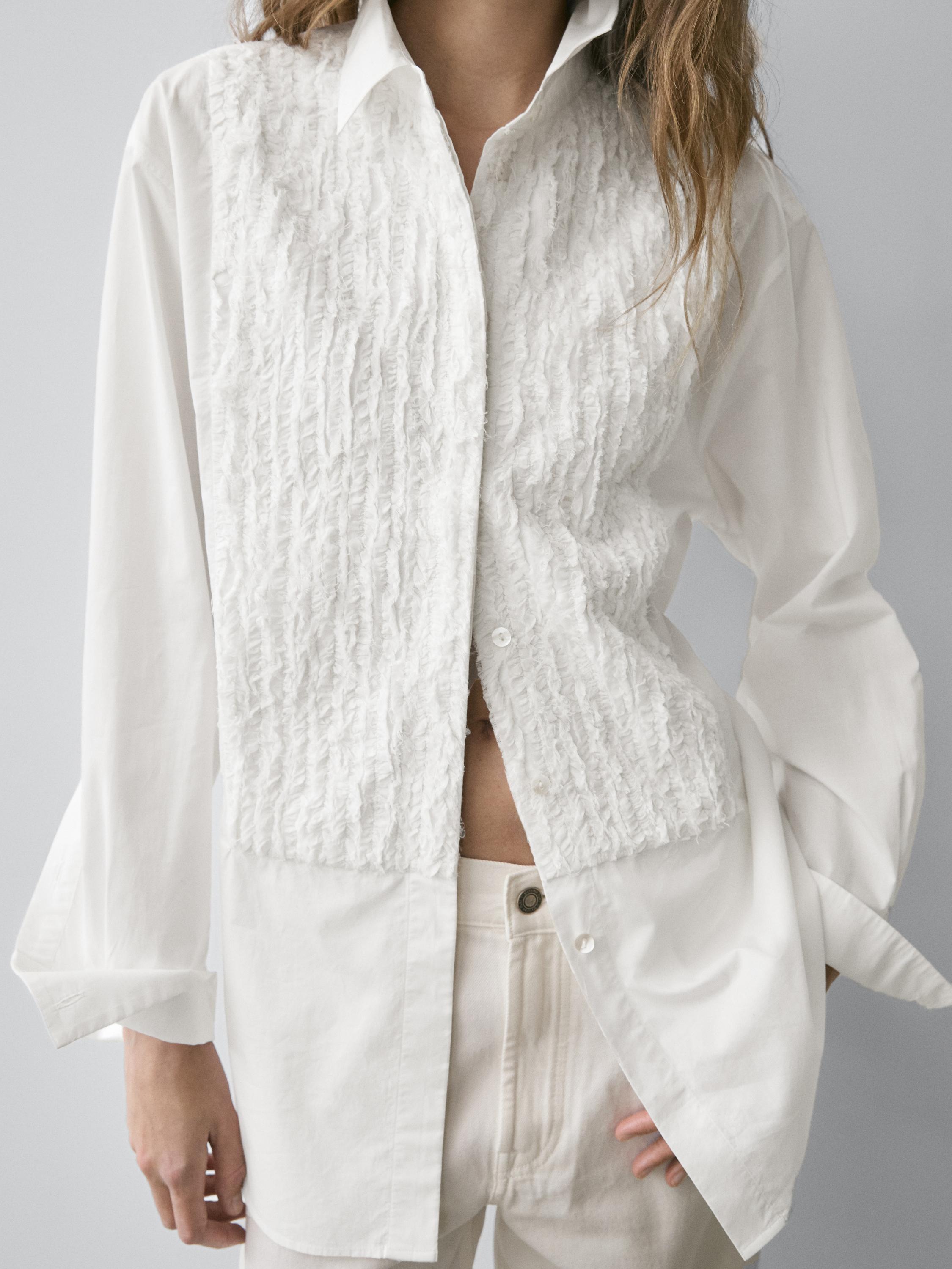 Bib front shirt with embroidered detail — WHITE