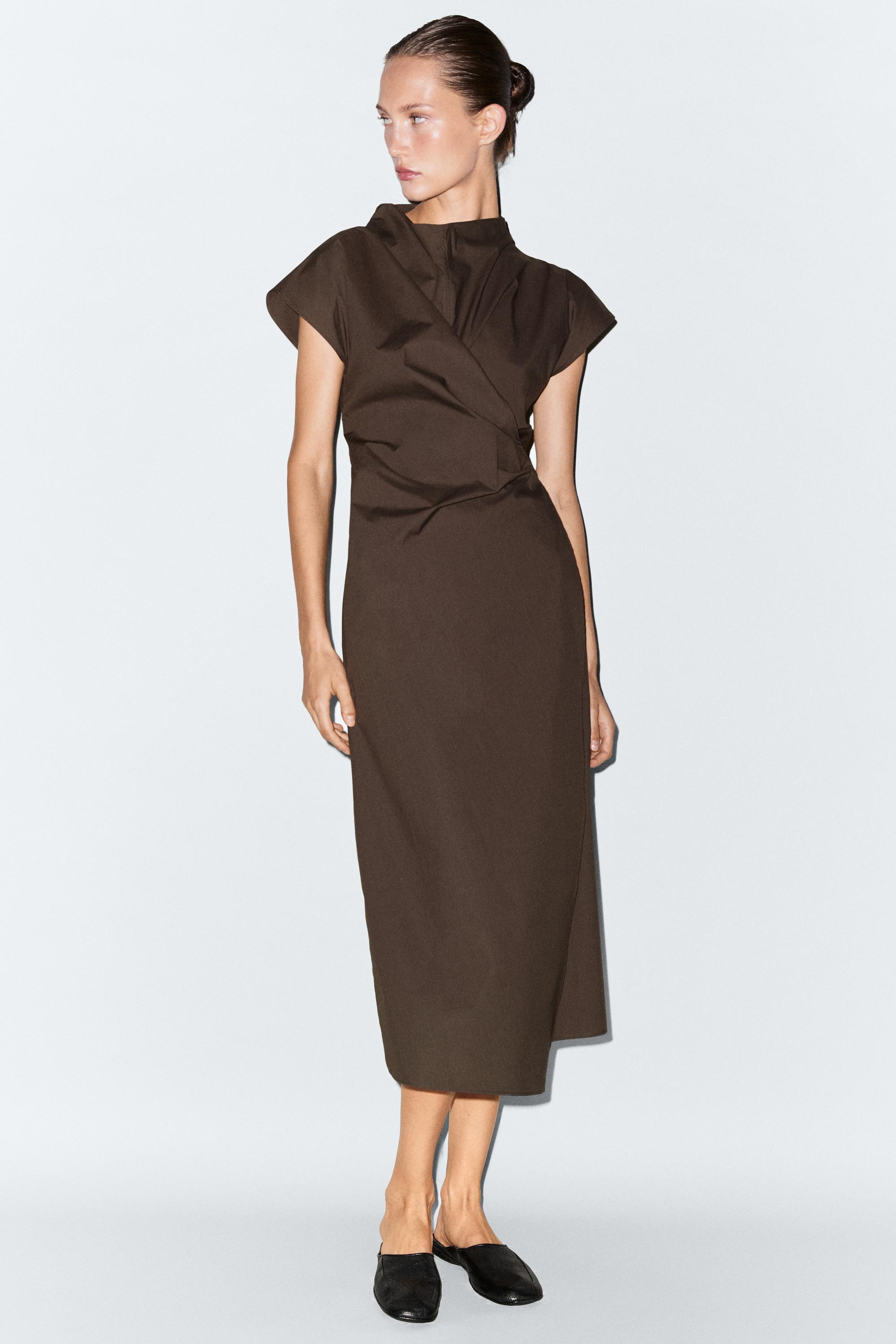 100% cotton draped poplin dress — BROWN