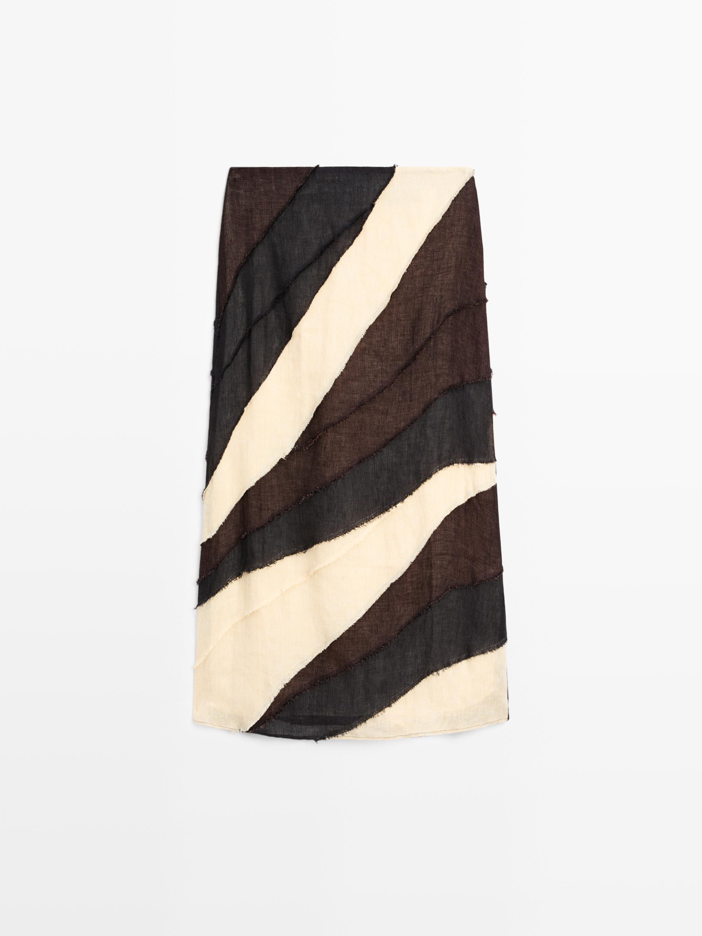 Layered contrast linen midi skirt — BROWN