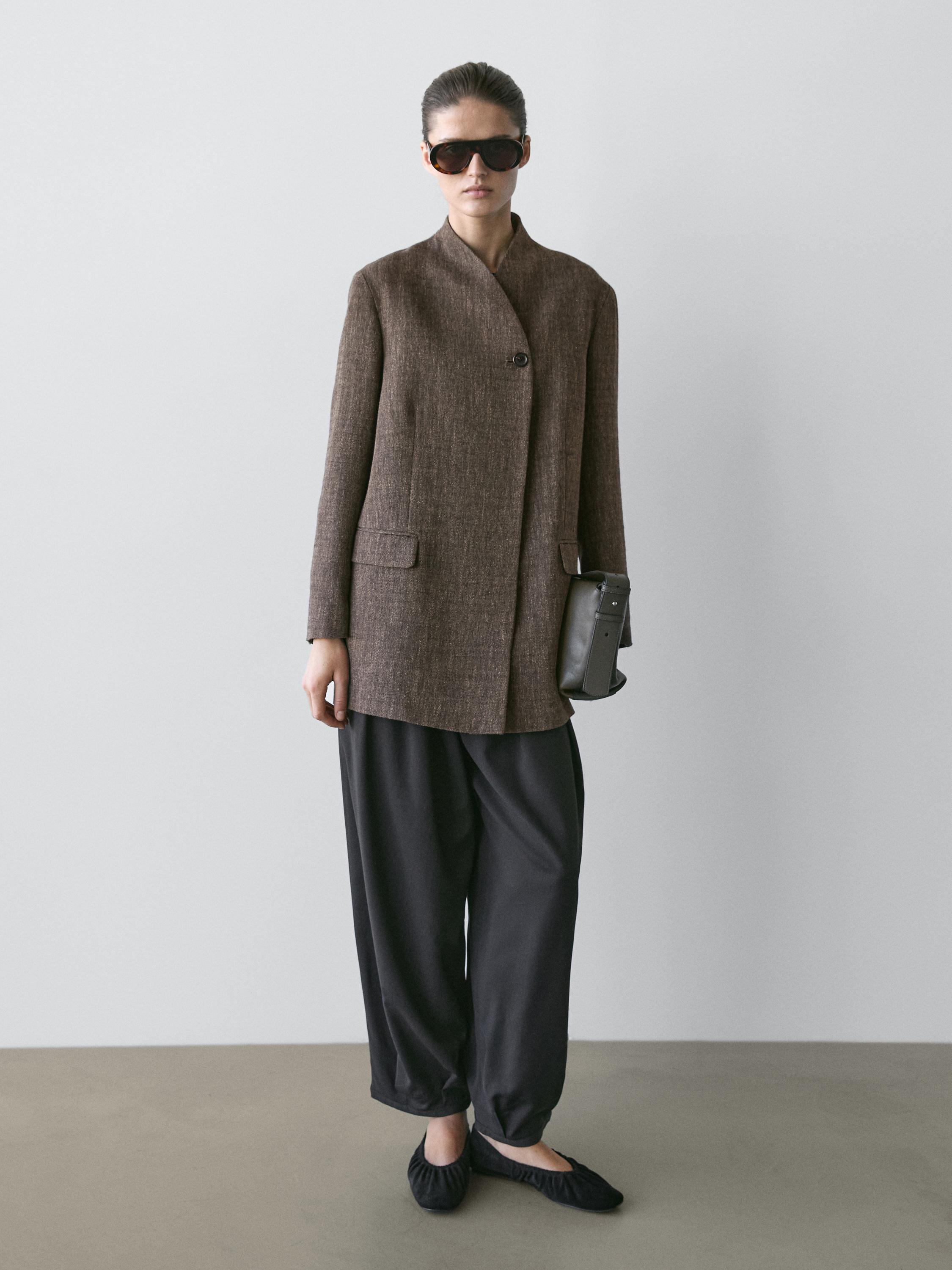 Flecked wool blend coat with high collar — BROWN