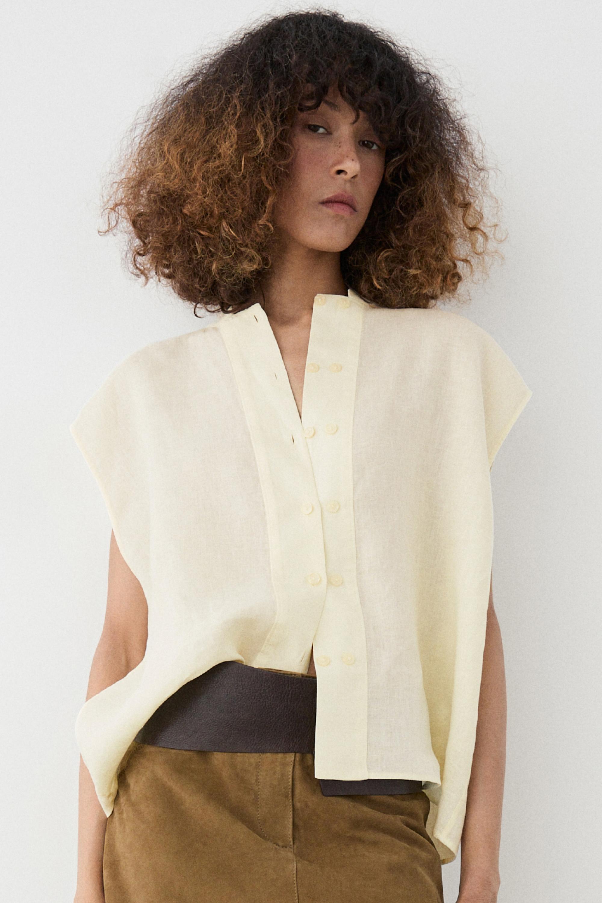 Flowing 100% linen shirt with button detail — YELLOW