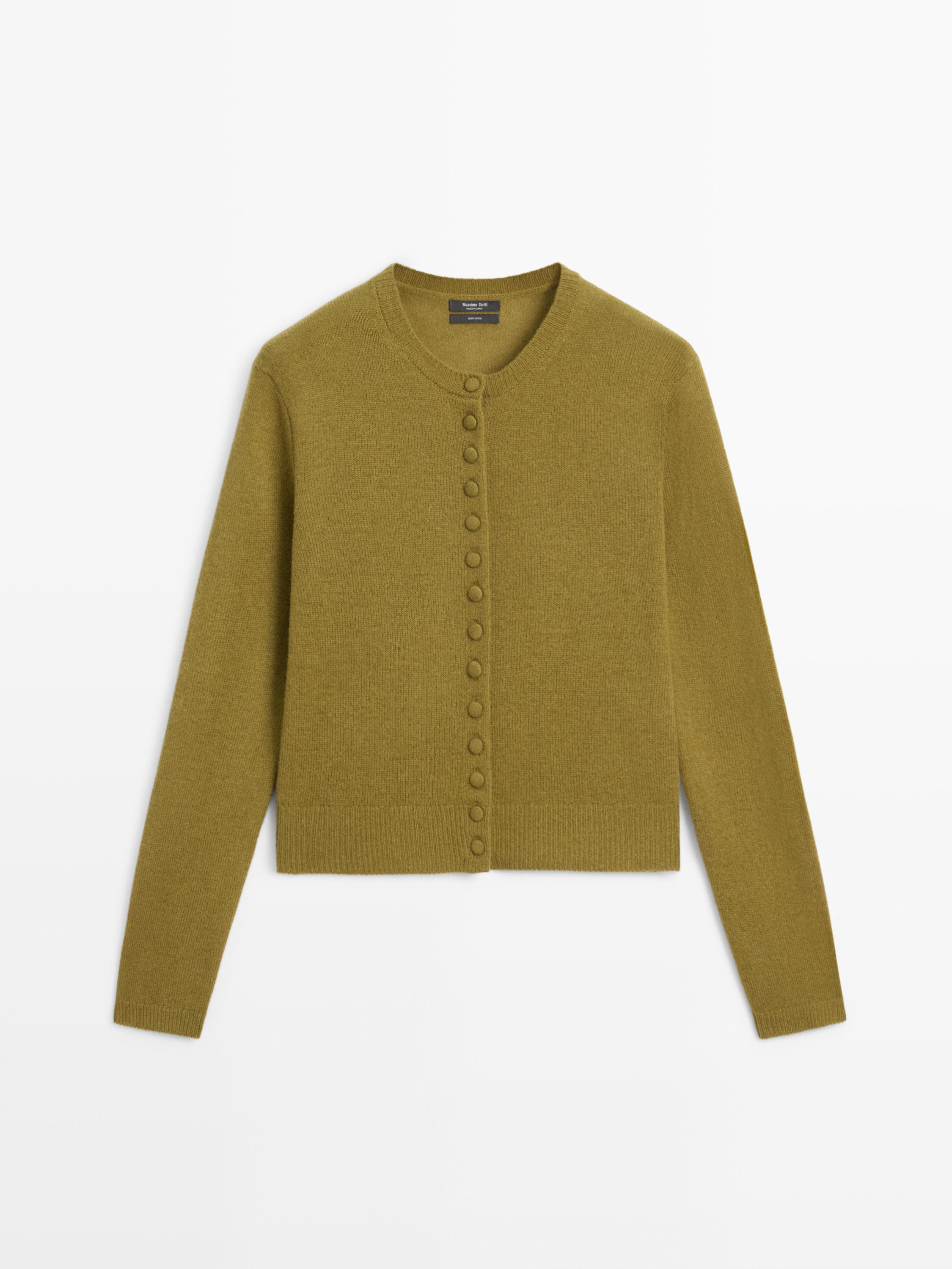 Wool knit cardigan with covered buttons
