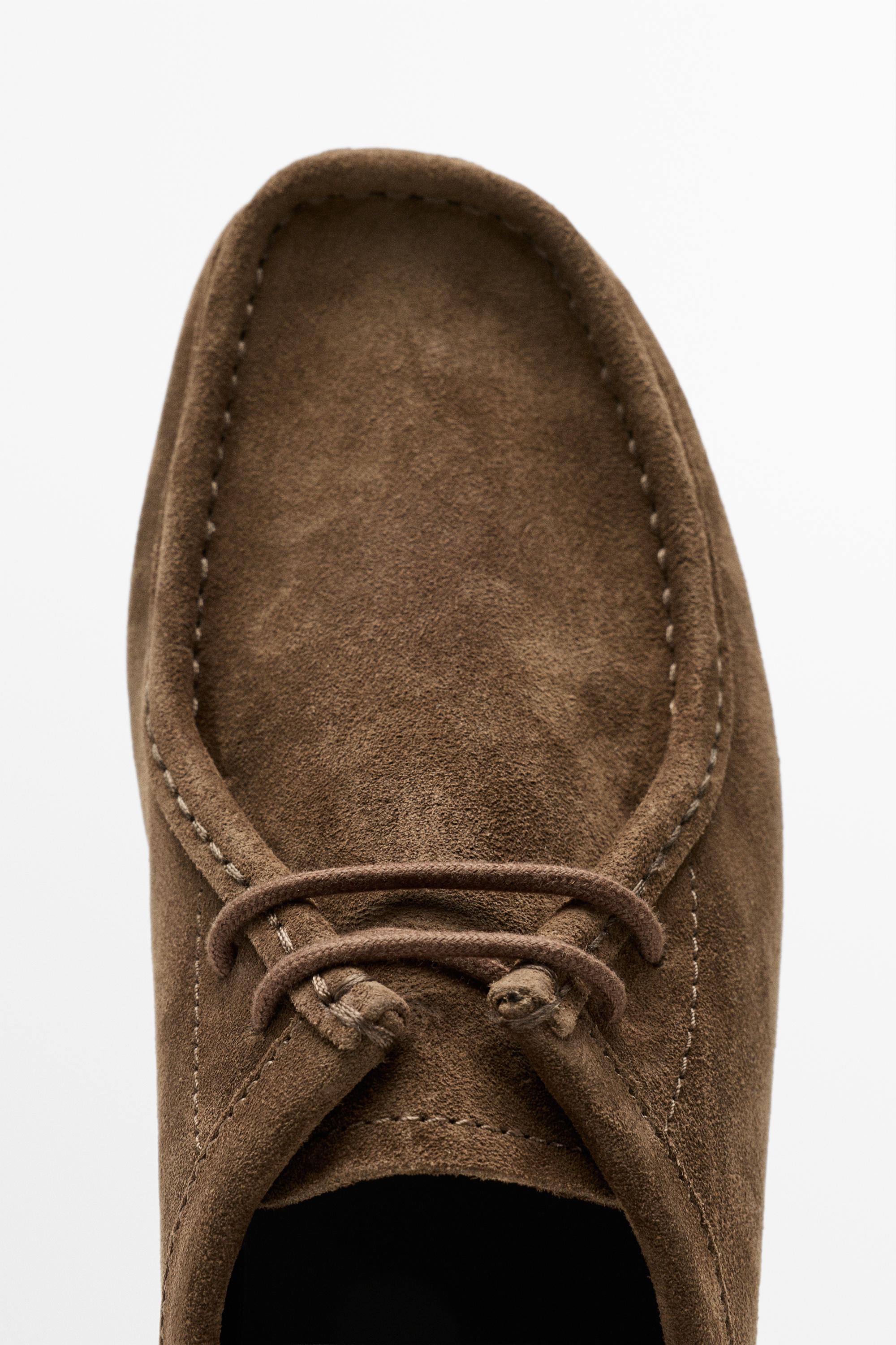 Split suede leather moc toe shoe — BROWN