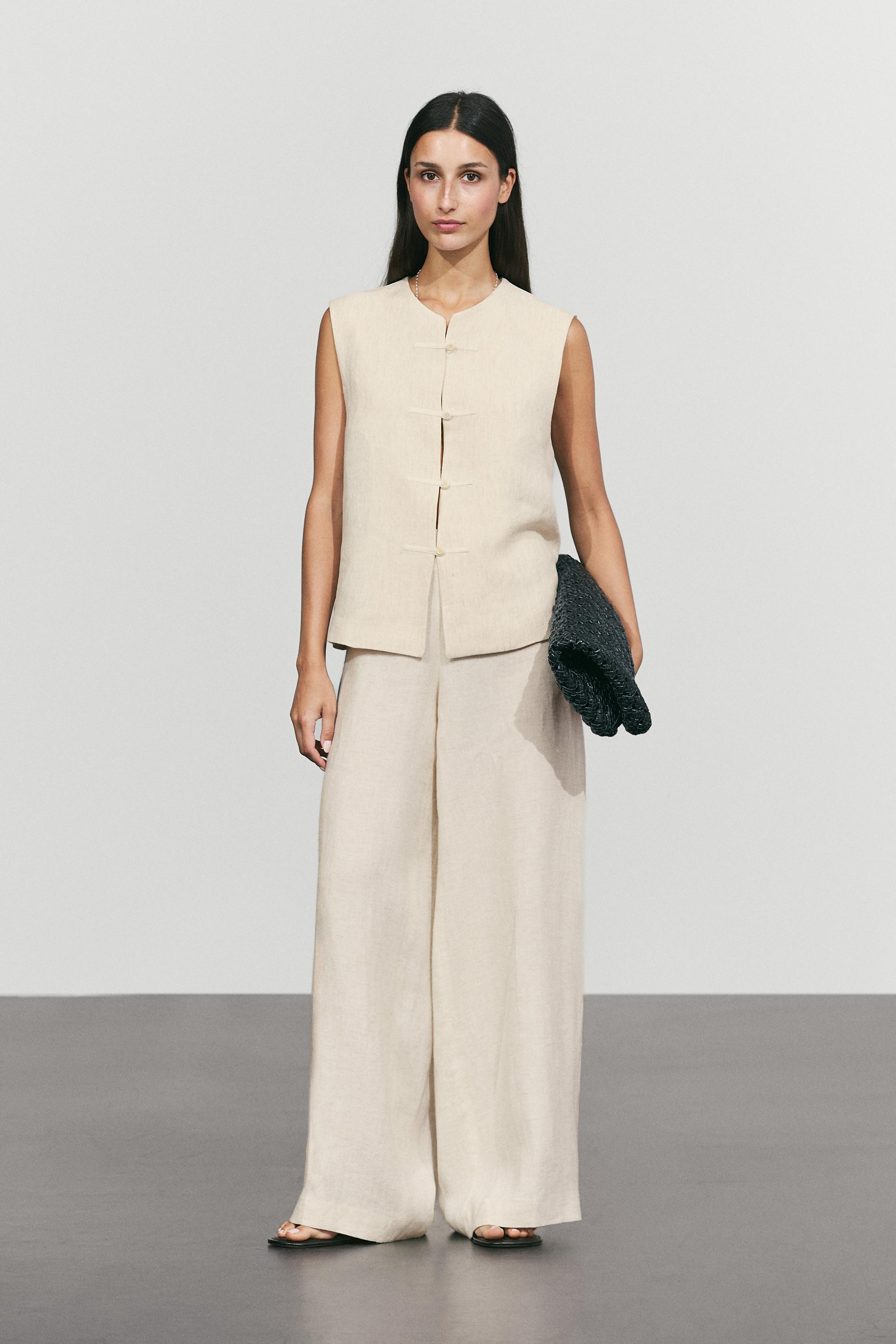 Linen blend button-detail vest — SAND