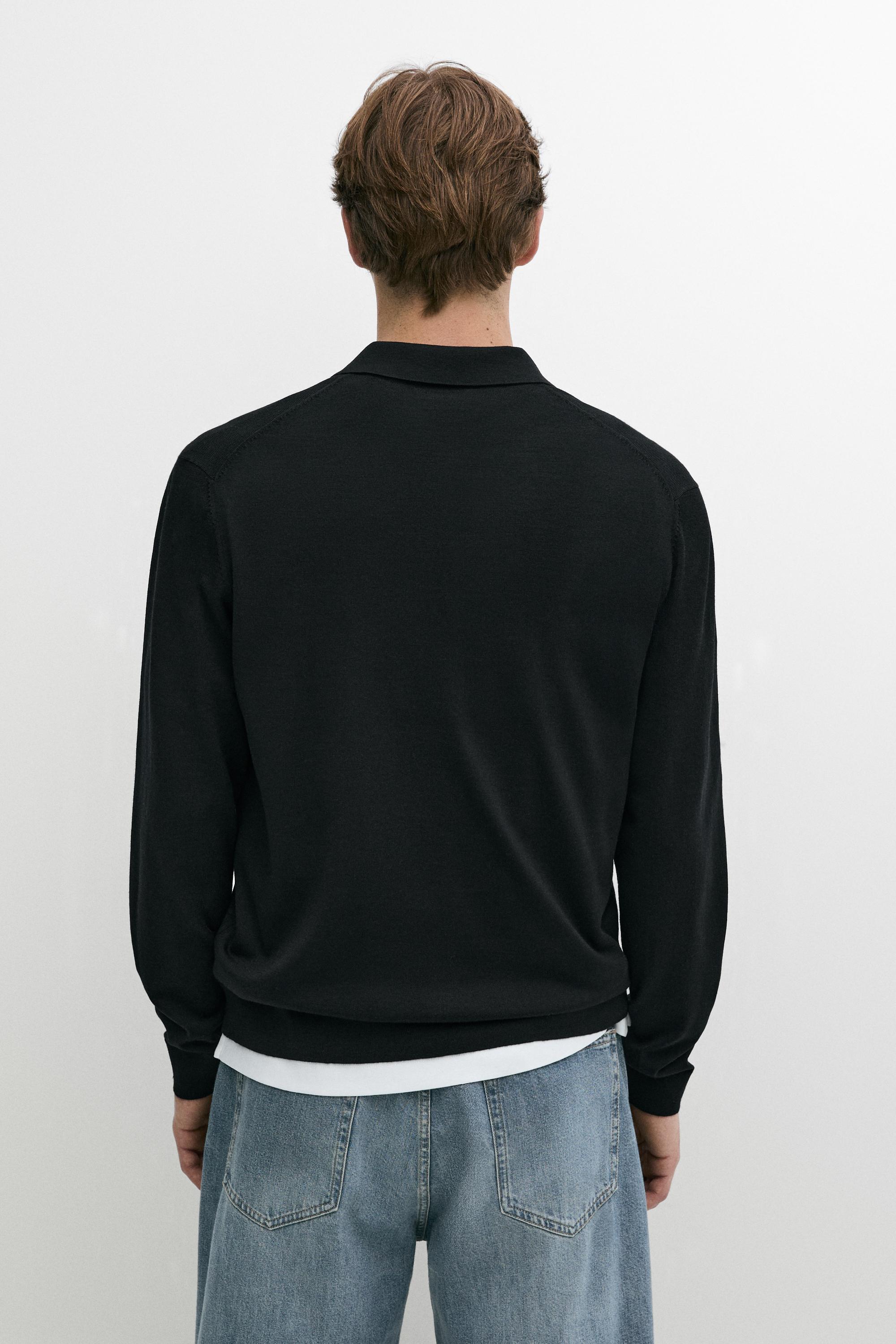 100% merino wool knit polo sweater — BLACK