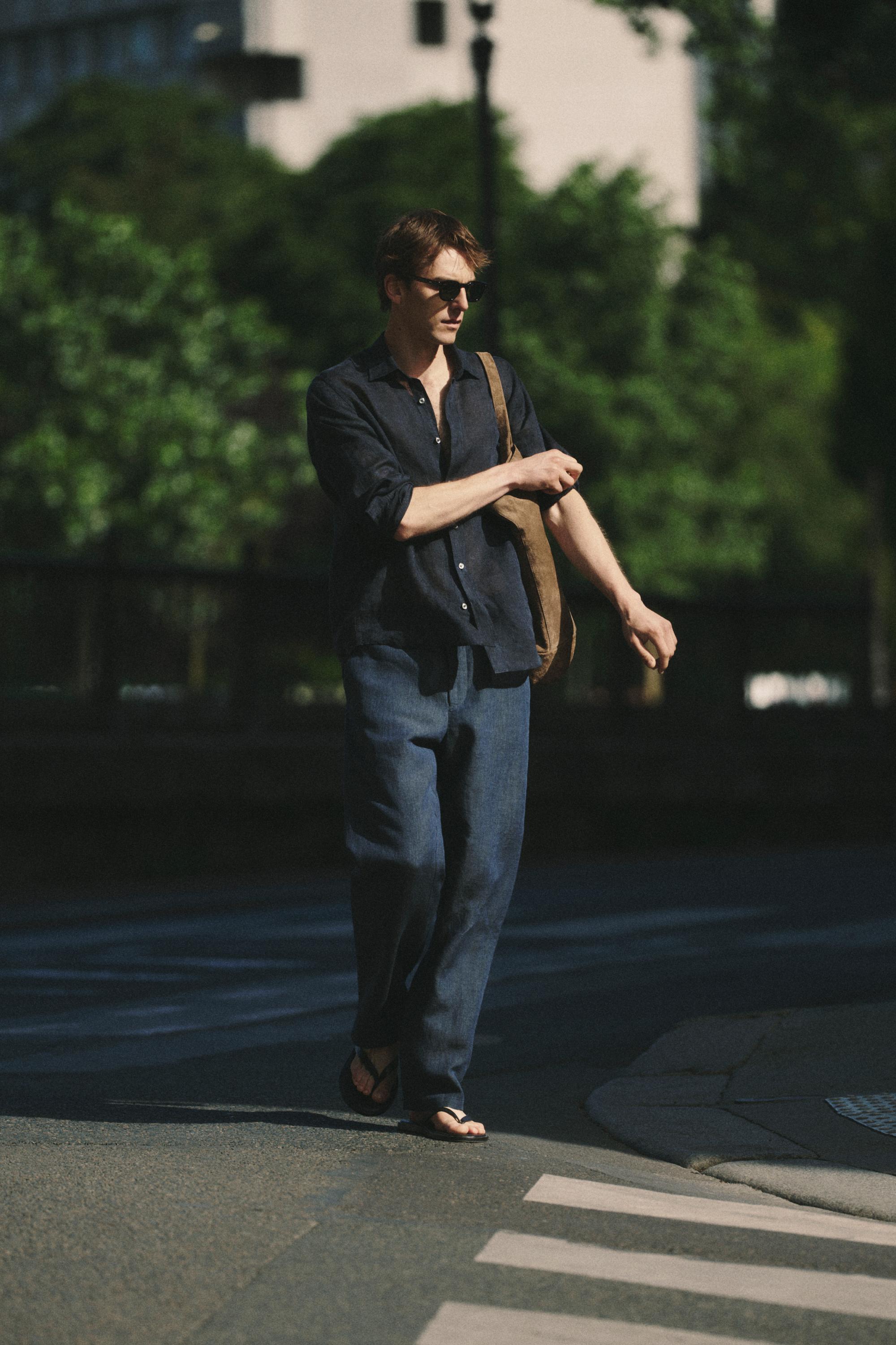Regular fit 100% linen shirt — NAVY BLUE