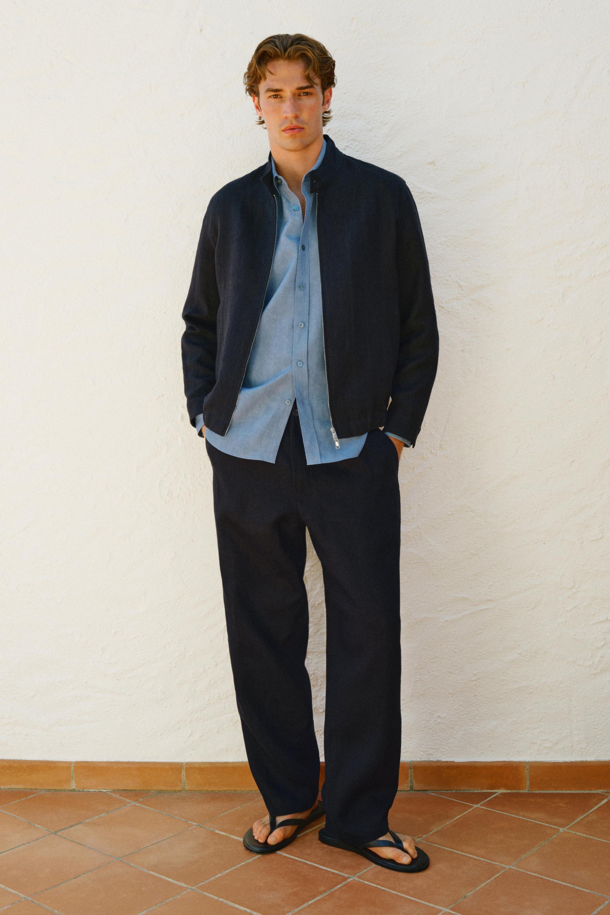 100% linen banded collar jacket — NAVY BLUE