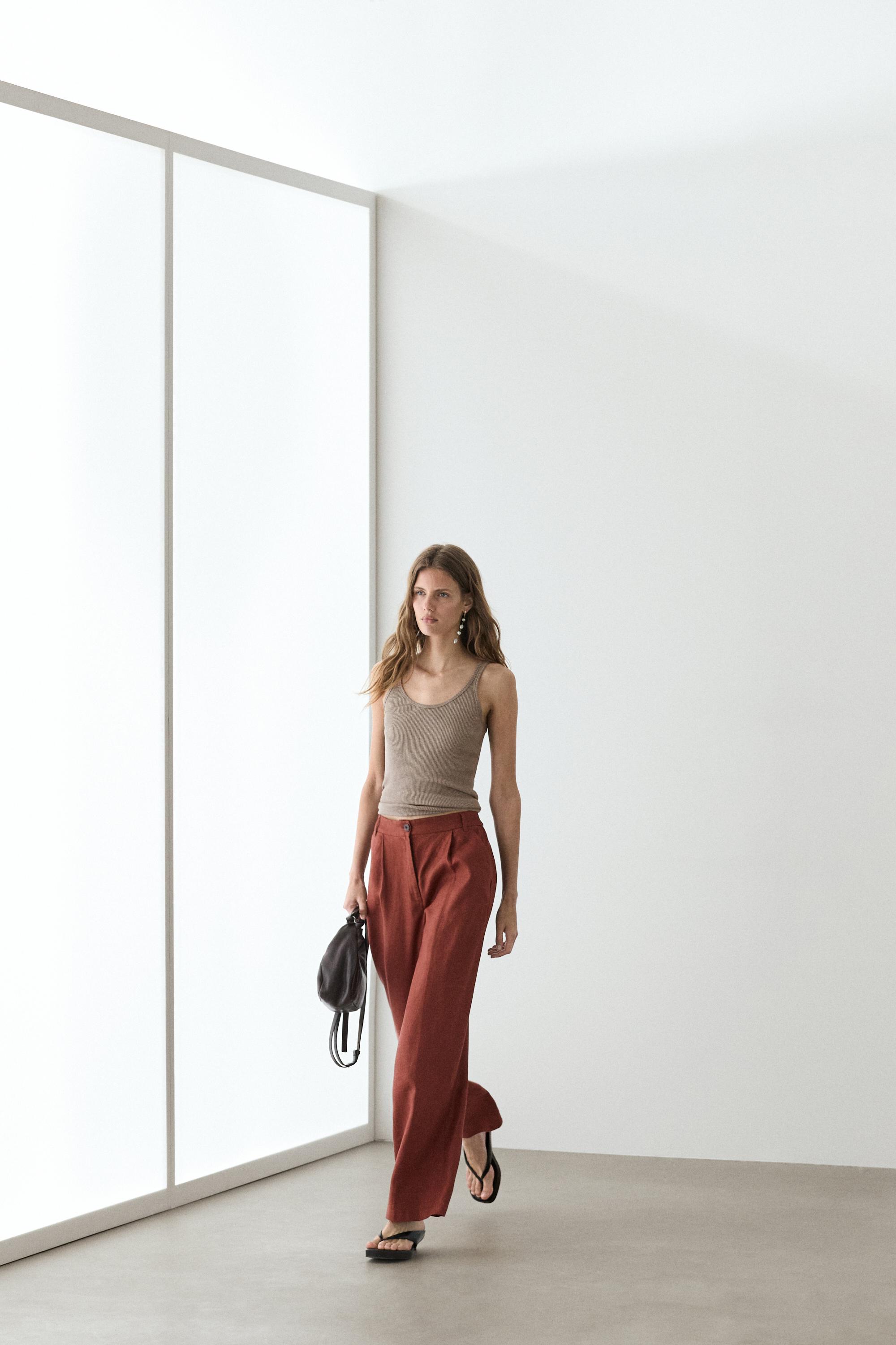 100% linen wide-leg elasticated trousers — Orange