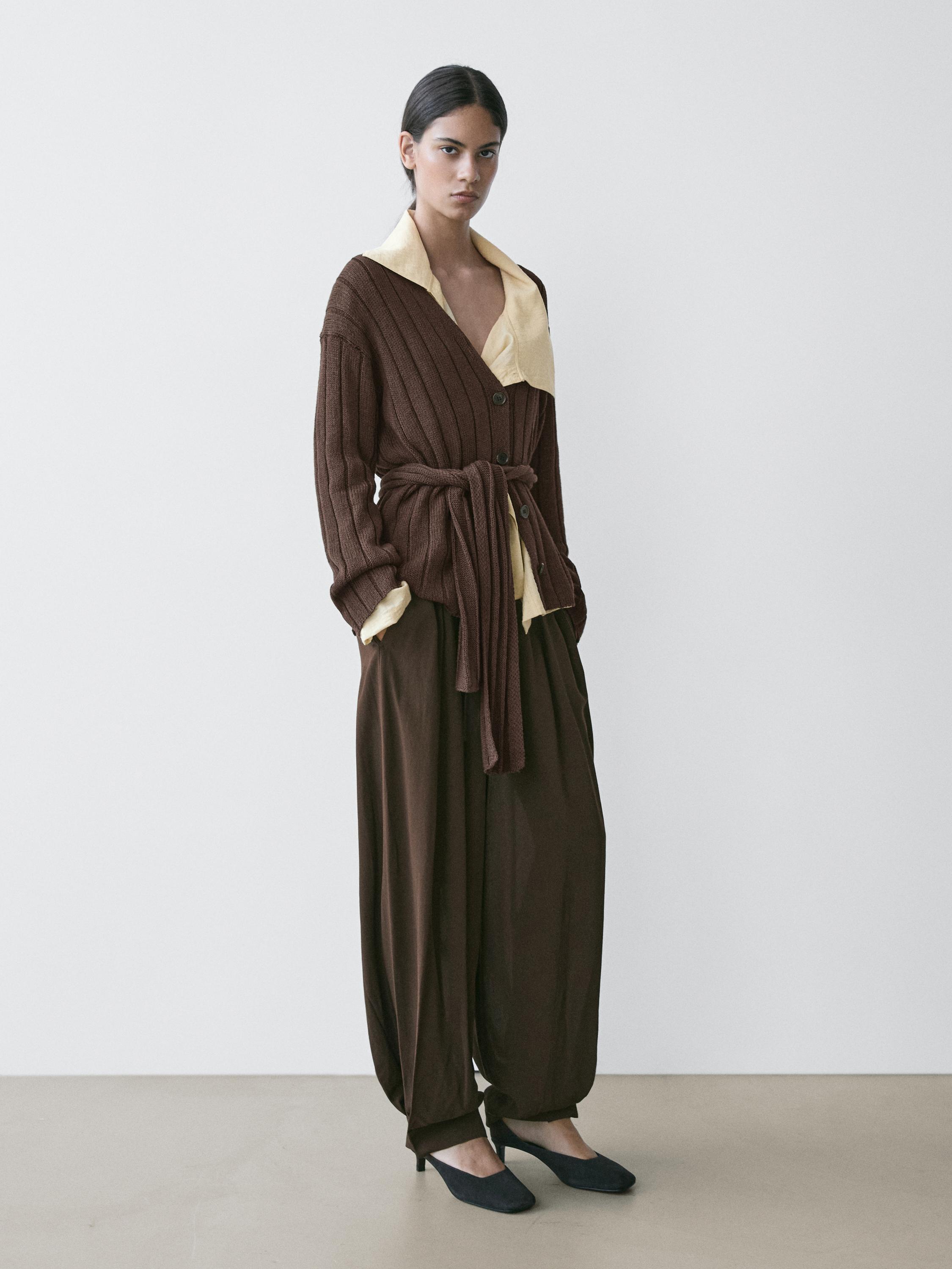 Knit cardigan with waist detail — Chocolate