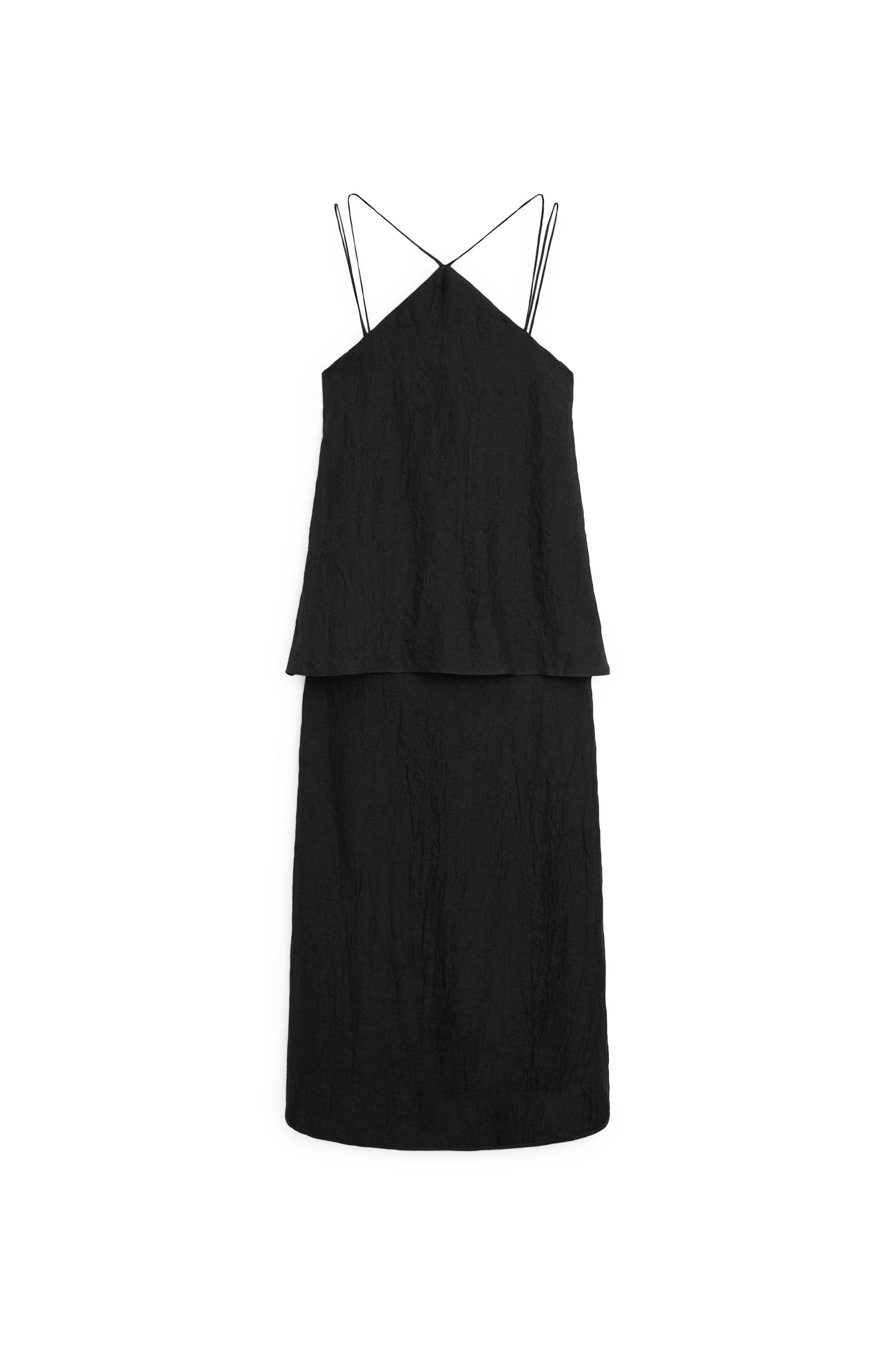 Flowing strappy 100% linen dress — BLACK