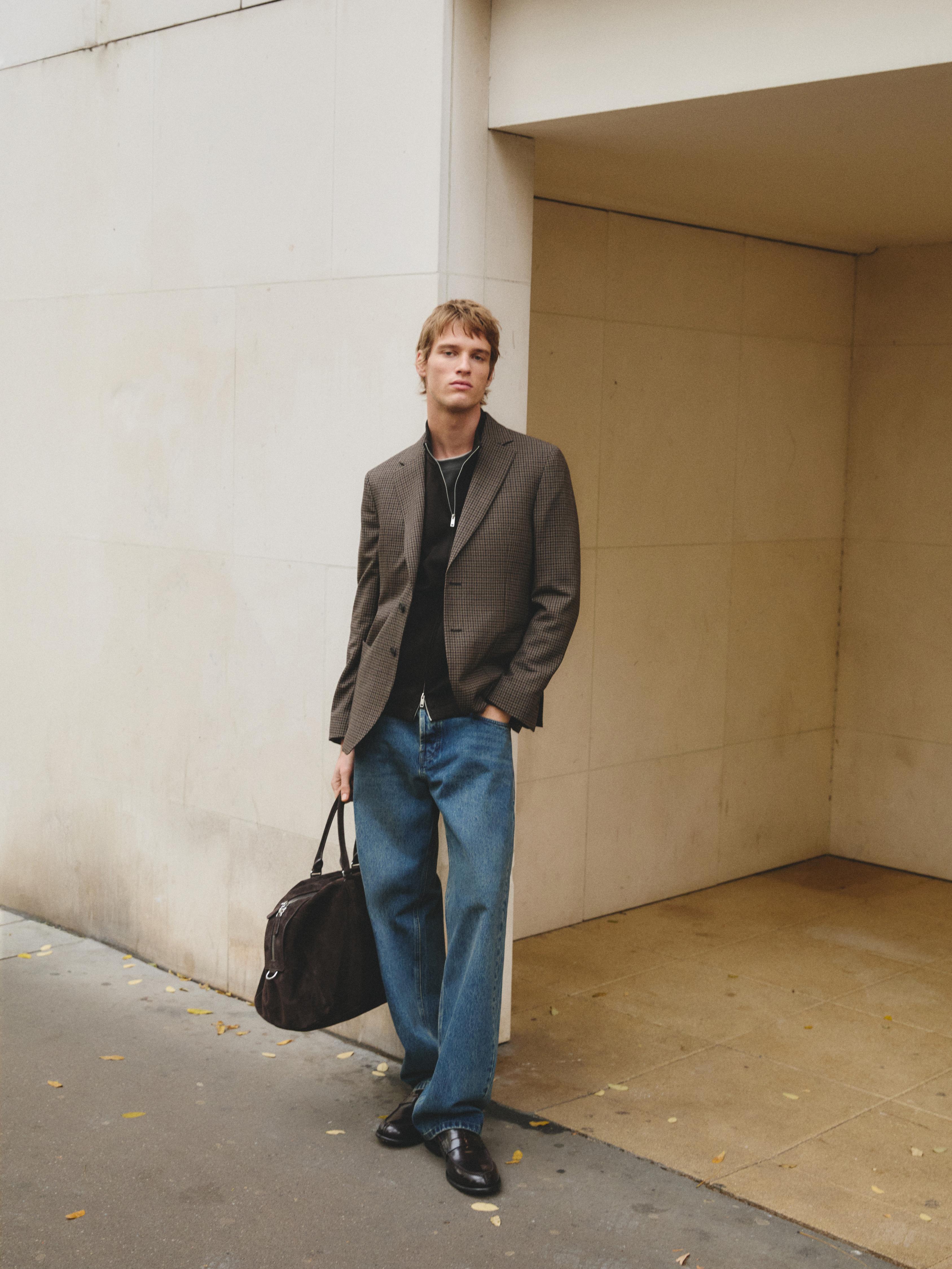 100% wool tailored check blazer — BROWN
