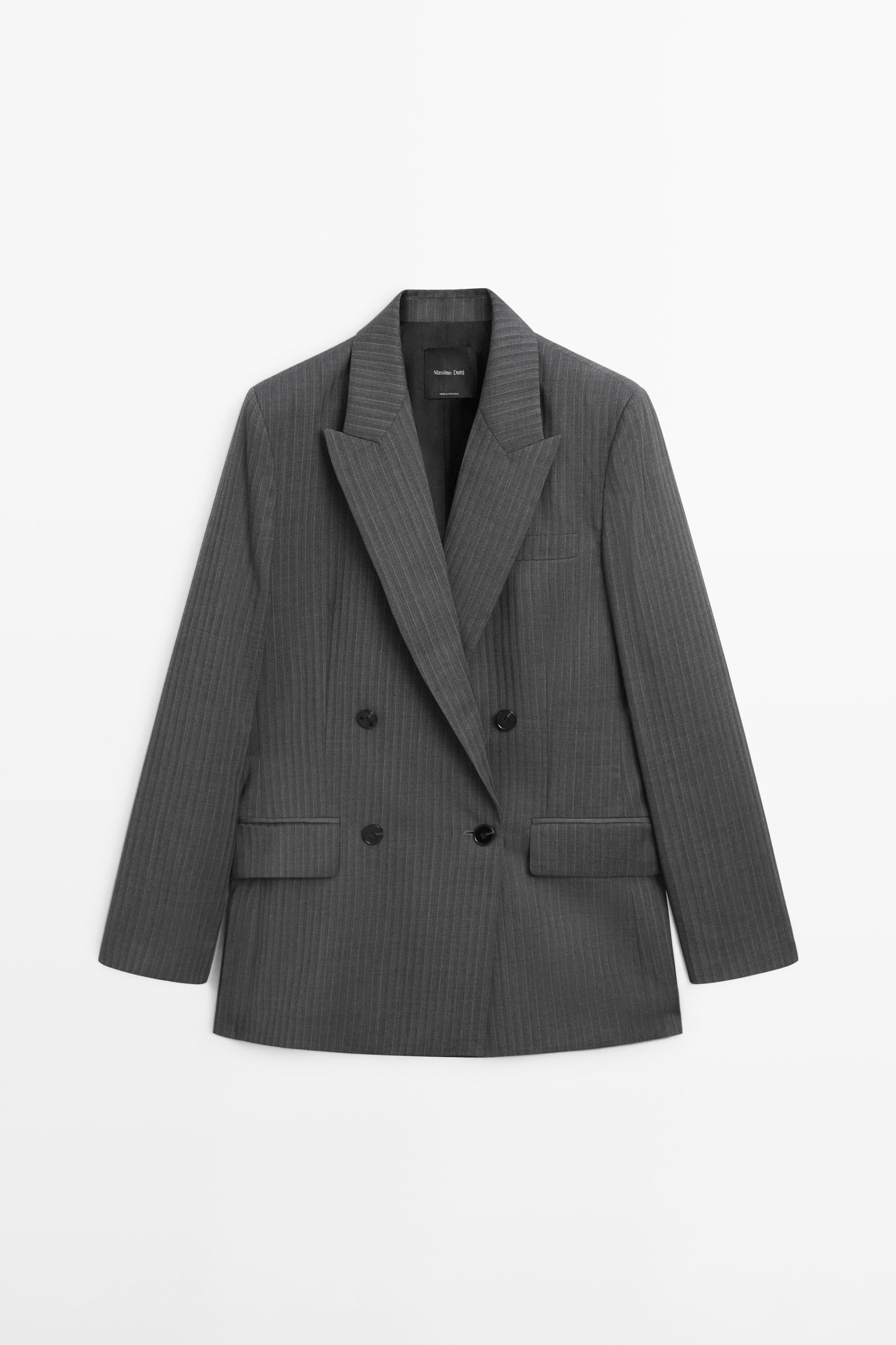 Pinstripe cool wool blend suit blazer — GREY