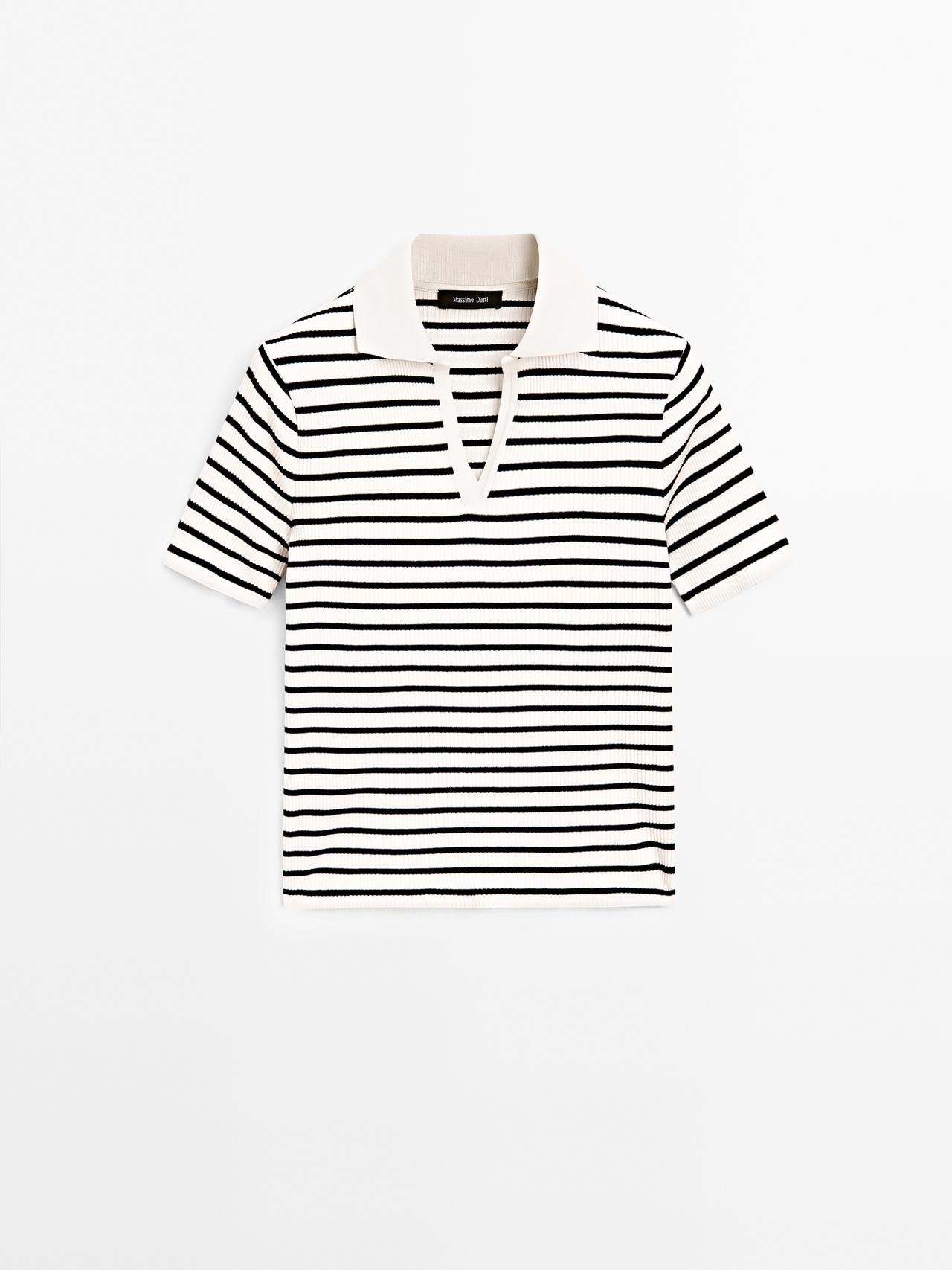 Massimo Dutti - Dame - Stribet Polo-T-Shirt I Bomuldsblanding - Råhvid - Xl