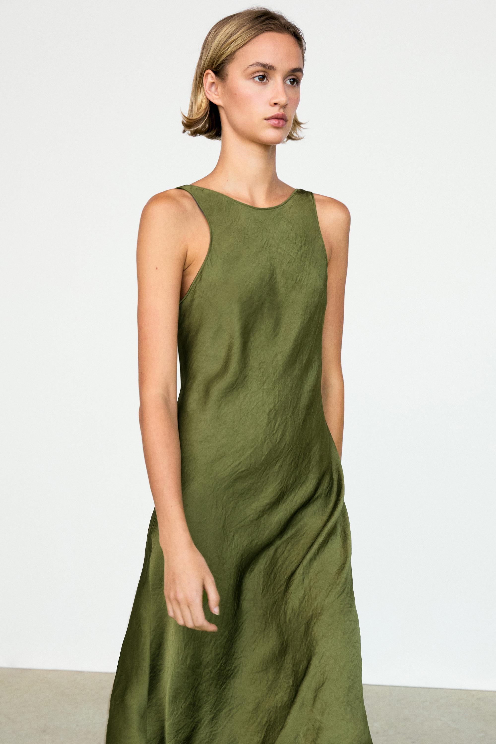 green dress massimo dutti Flowing midi dress with thin straps Green Dress